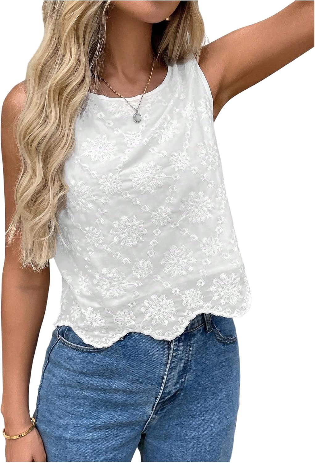 SHENHE Women's Summer Sleeveless Embroidered Dressy Casual Blouse Scalloped Going Out Top