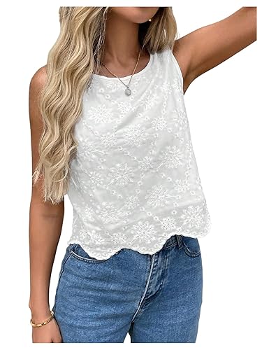 SHENHE Women's Summer Sleeveless Embroidered Dressy Casual Blouse Scalloped Going