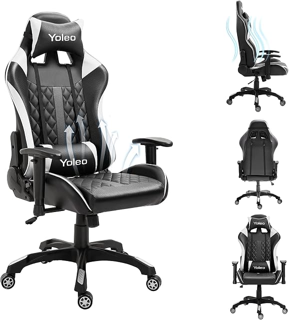 Dripex Gaming Chair Ergonomic Home Office Desk Chairs Adjustable High Back Swivel PU Leather Racing Computer Desk Chair with Lumbar Support and Headrest (White, without footrest)