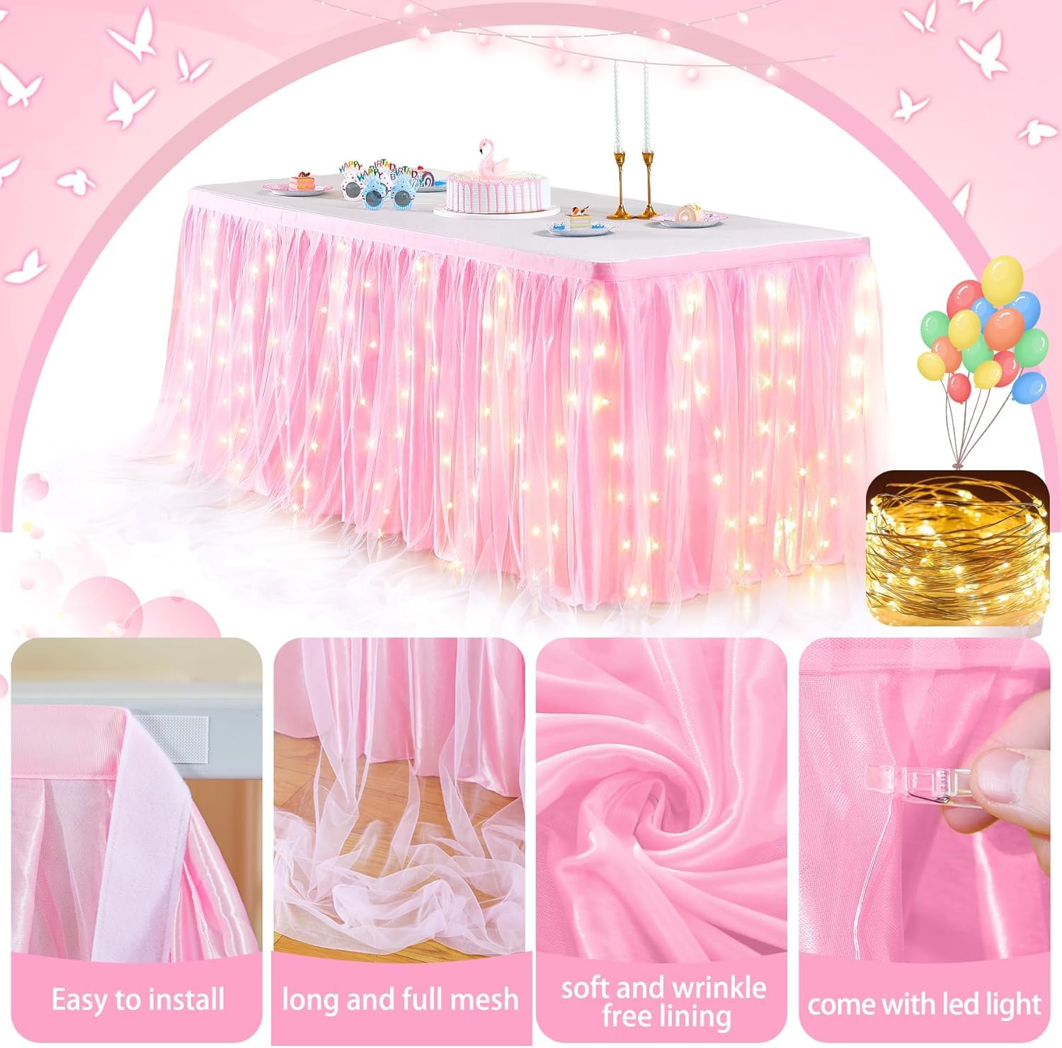 Gonna Da Tavolo In Tulle Rosa HBB Magic – Lunghezza 275x76 Cm, Con Rifiniture Dorate, Per Matrimoni, Compleanni E Baby Shower