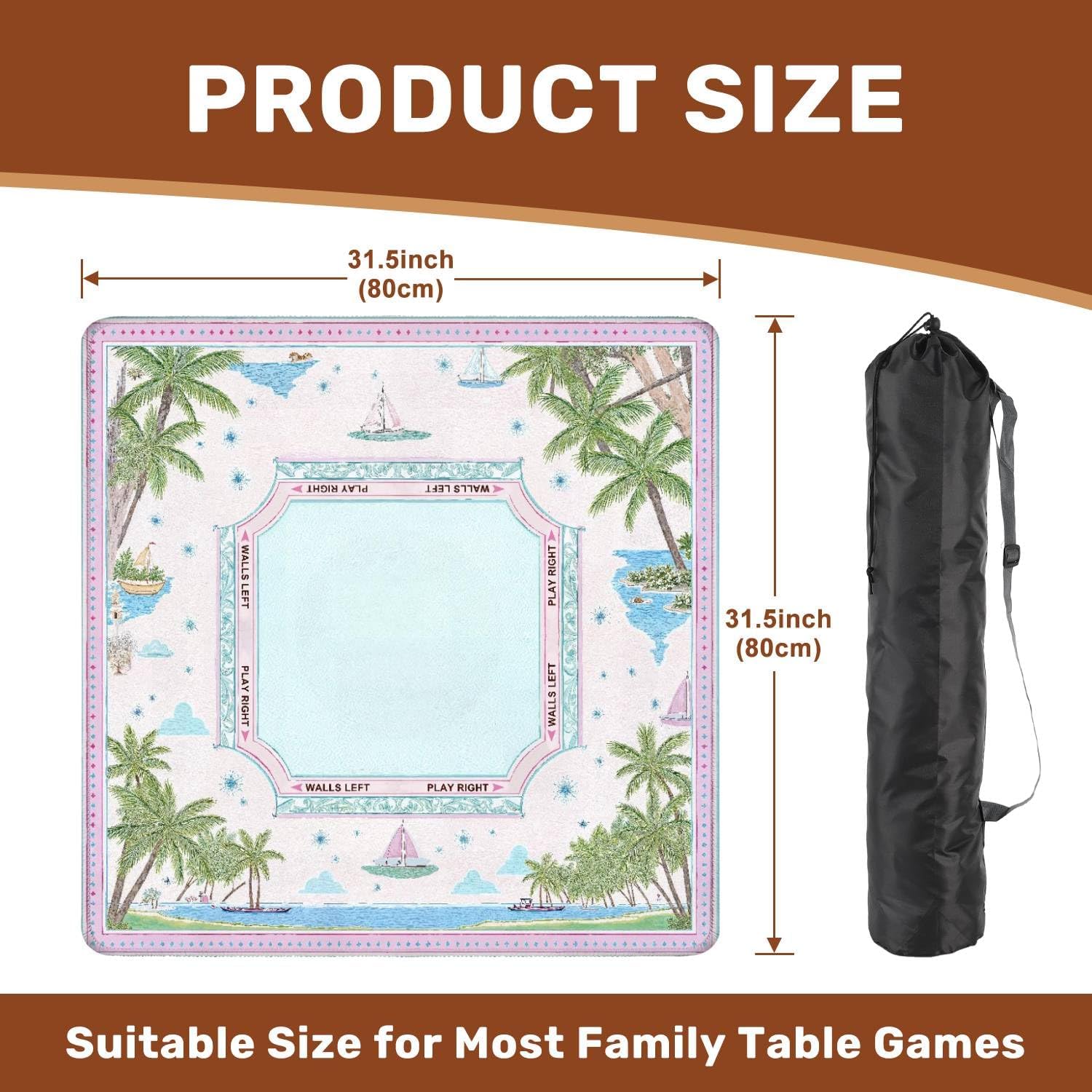 Mahjong Mat 31.5" x 31.5" Tropical Palm Trees Sailing Boat Pink Blue Pastel Design Non-Slip Noise Reduction Mahjong Tiles Table Cover for Dominoes Poker Card Board and Tile Games