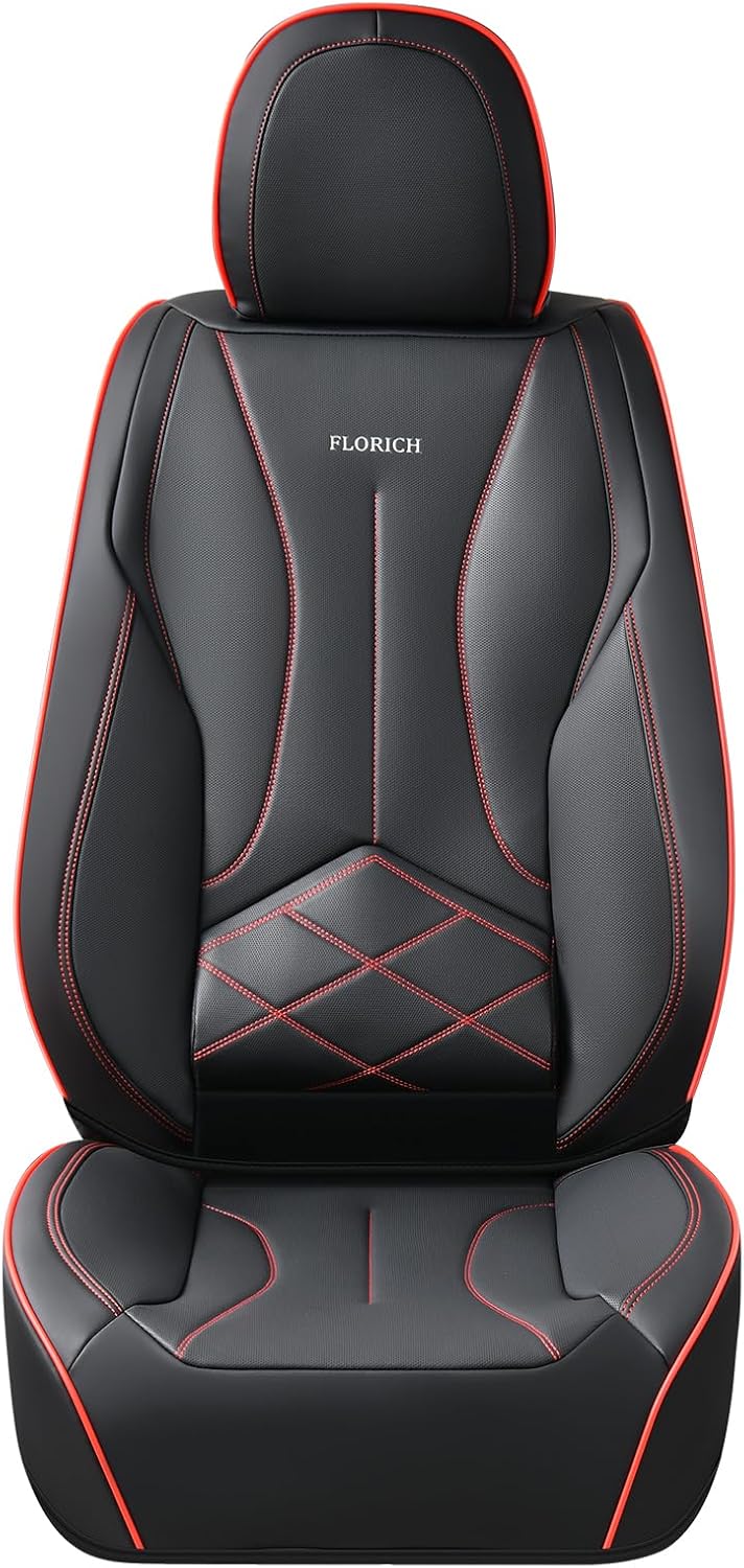 FLORICH Leather Seat Cover, Car Seat Covers Front Set, Waterproof Car Seat Protectors, Front Seat Covers 2 Pack, Automotive Seat Covers Protector Fit for Most Cars Trucks SUV - Black&Redline