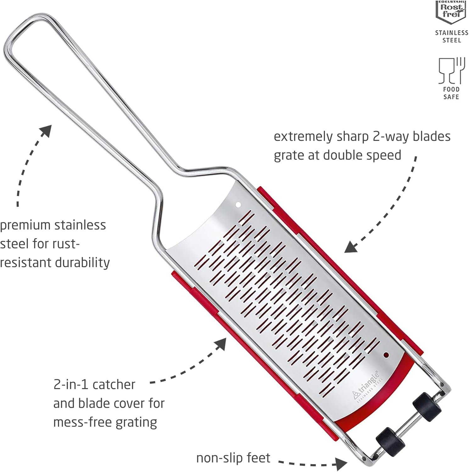 triangle 2-Way Grater with Removable Catcher - Ultra-Sharp Stainless Steel for Easy, Mess-Free Grating - Compact Design - Dishwasher Safe