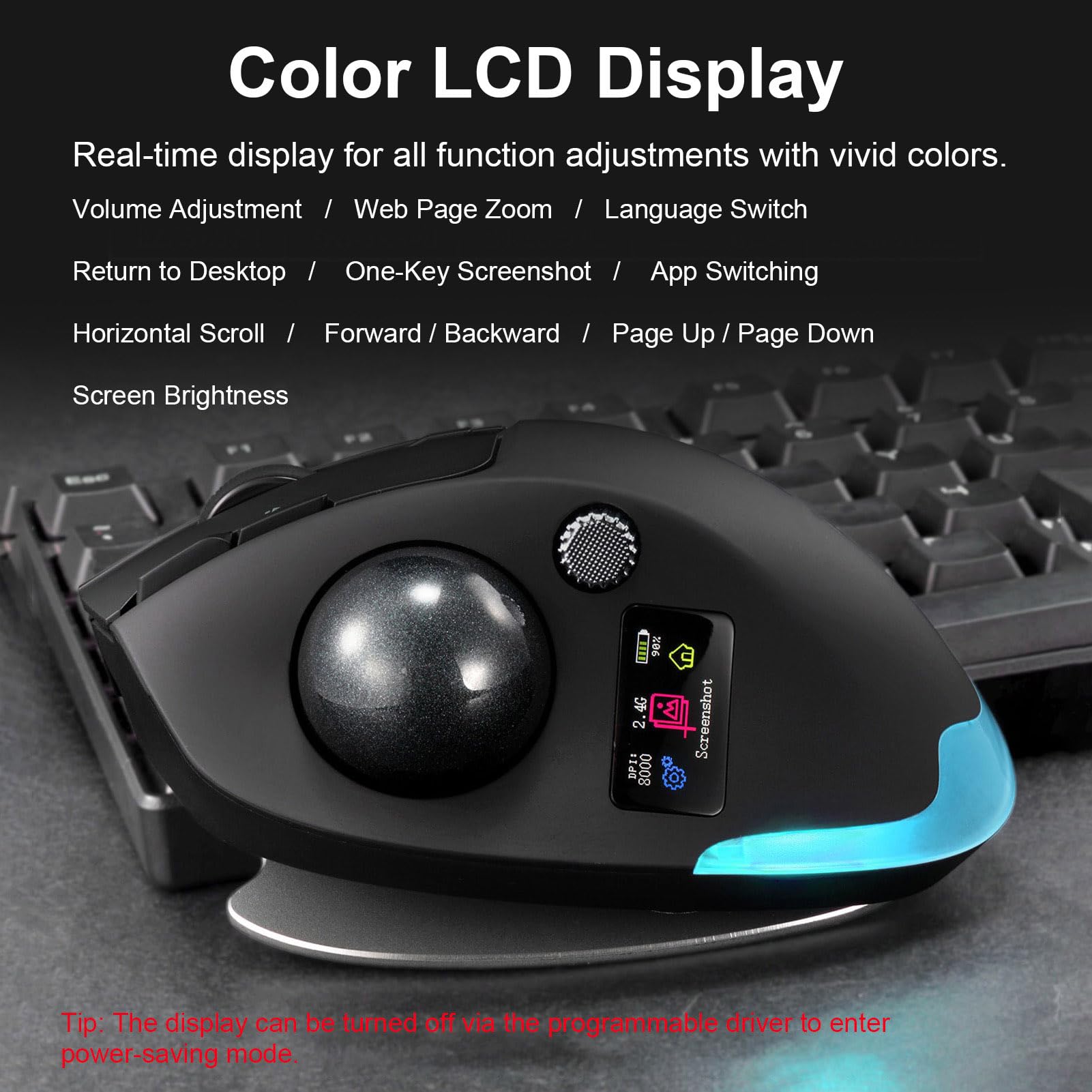 XUMIUZIY Ratón Inalámbrico con Trackball, Mouse Ergonómico, 8000 dpi, 8 Botones, Pantalla LCD a Color, for Oficina y Uso Diario (Black)