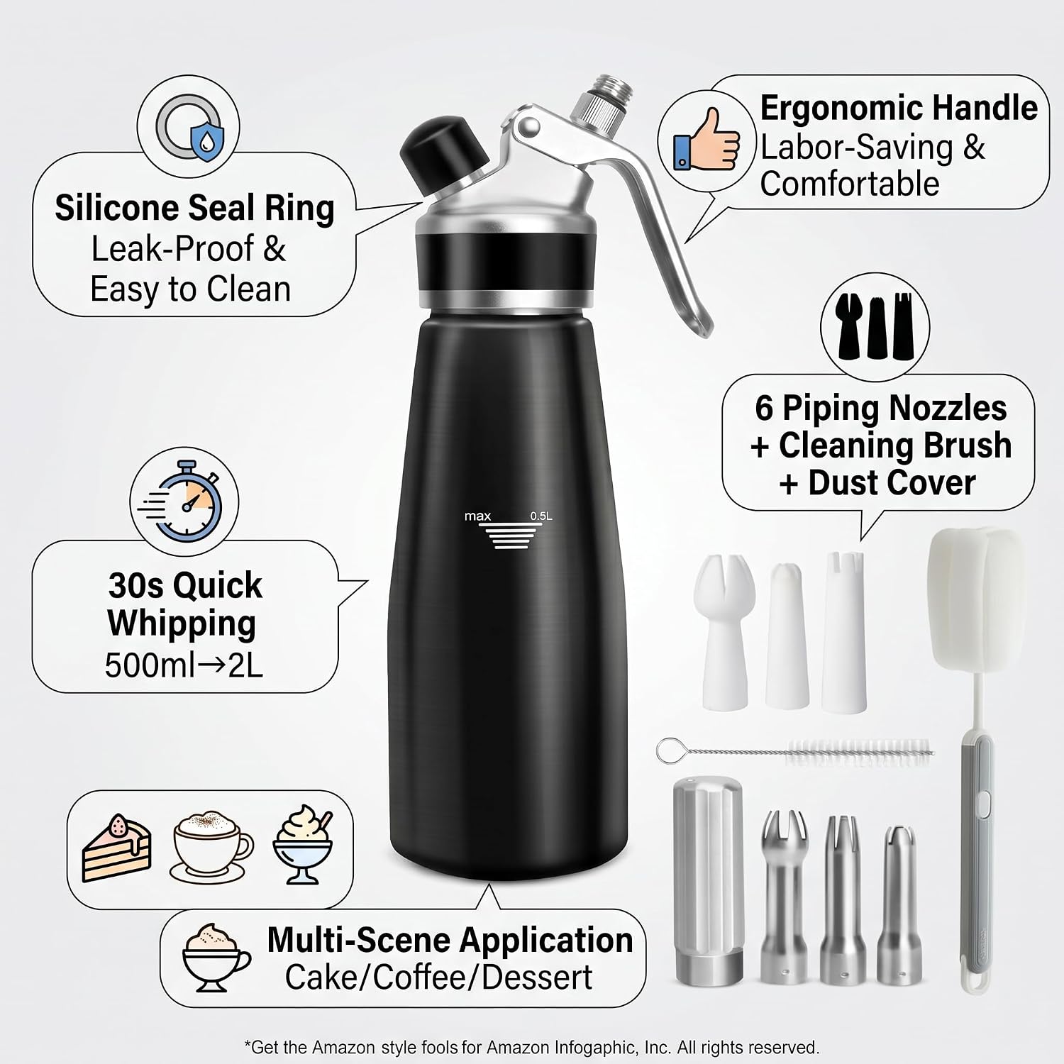 Professional 500 mL Aluminum Whipped Cream Dispenser, Whipped Cream Dispenser, With 6 Decorating Nozzles & 2 Cleaning Brushes, 1 Pint Whip Cream Maker (N20 Charger Not Included), Black