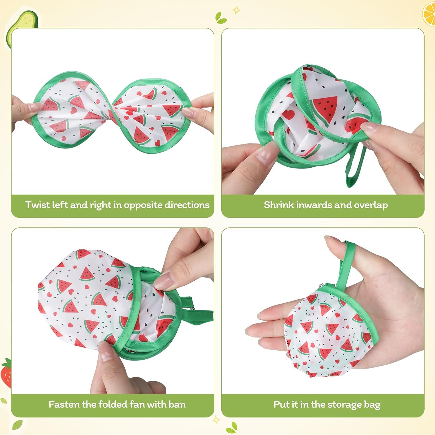 AceOrbit 24 Pcs Fruit Round Foldable Hand Fans 8 Styles Japanese Summer Fruit Foldable Fan Pop up Round Handheld Cooling Fan with Pouch for Women Summer Holiday Purse Travel Party Favor Gift Decor