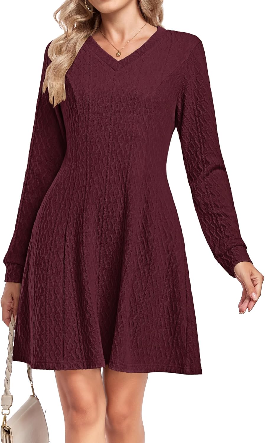 WNEEDU Womens Fall Dresses 2025 Casual Long Sleeve Dress V Neck Knit A Line Sweater Dress