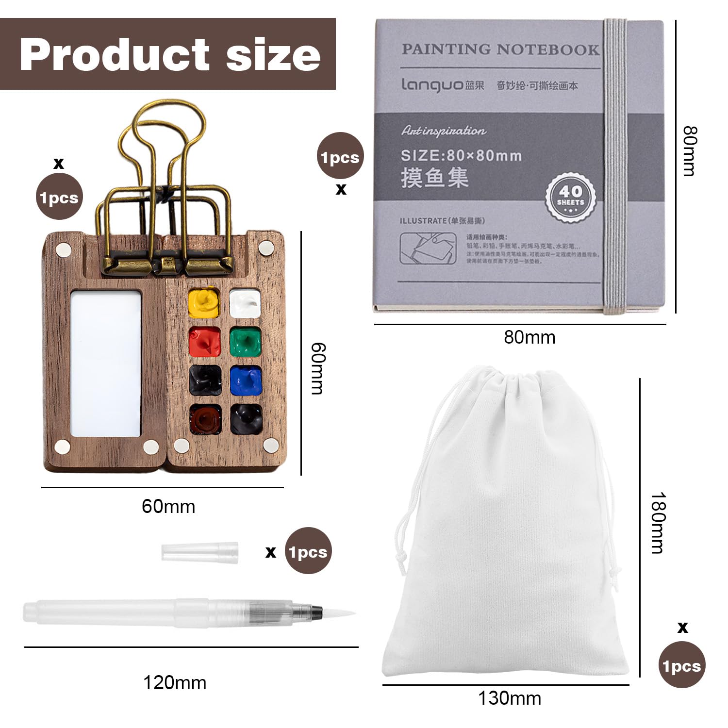 Tavolozza per acquerello portatile, mini set da viaggio con 8 scomparti, mini scatola per tavolozza in legno, per artisti professionisti, schizzi da viaggio, studenti e pittori ad acquerello