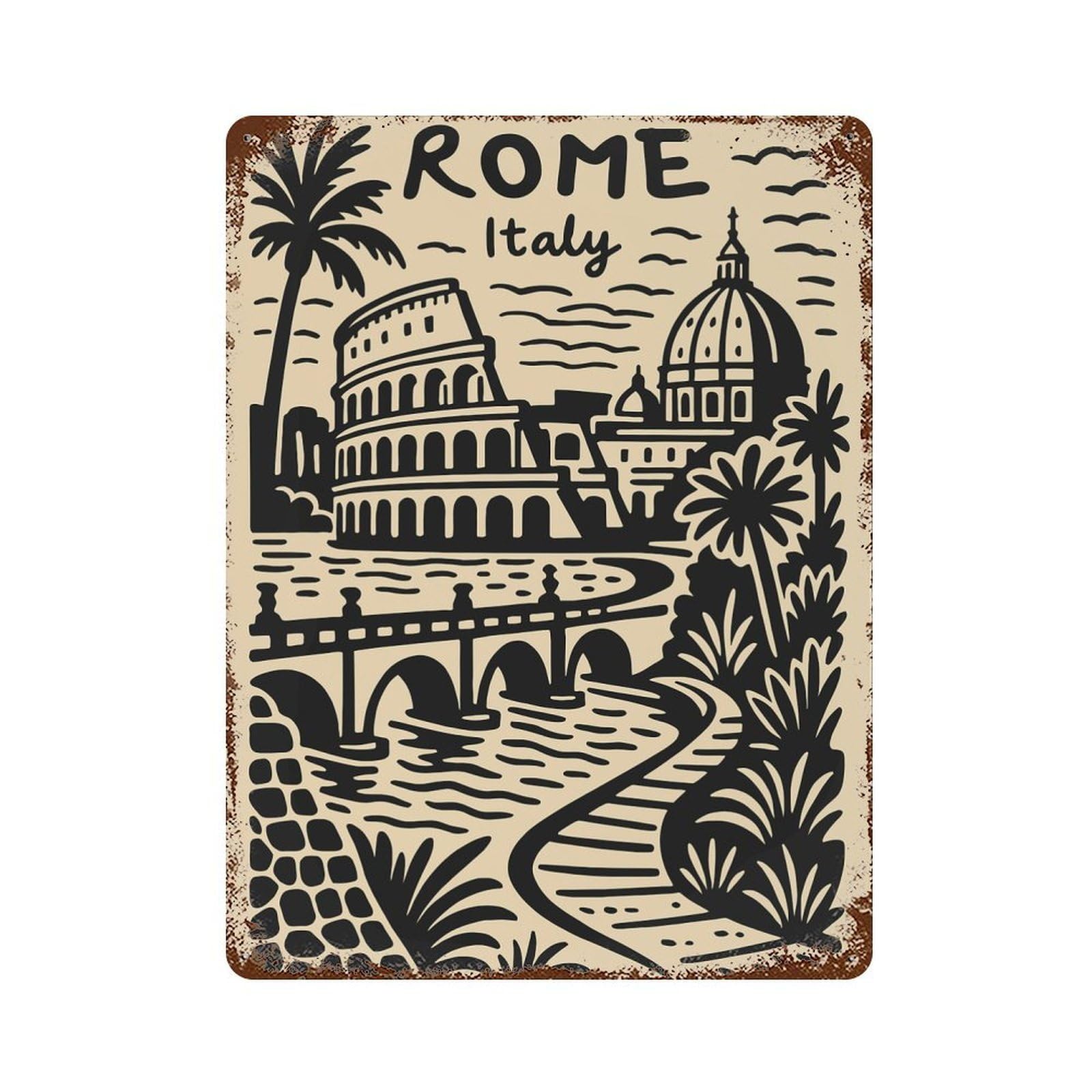 Rome Italy Landmark Illustration Retro Metal Sign 15.7"x11.8", Decorative Metal Wall Art for Basement, Hobby Room And Garage Decor