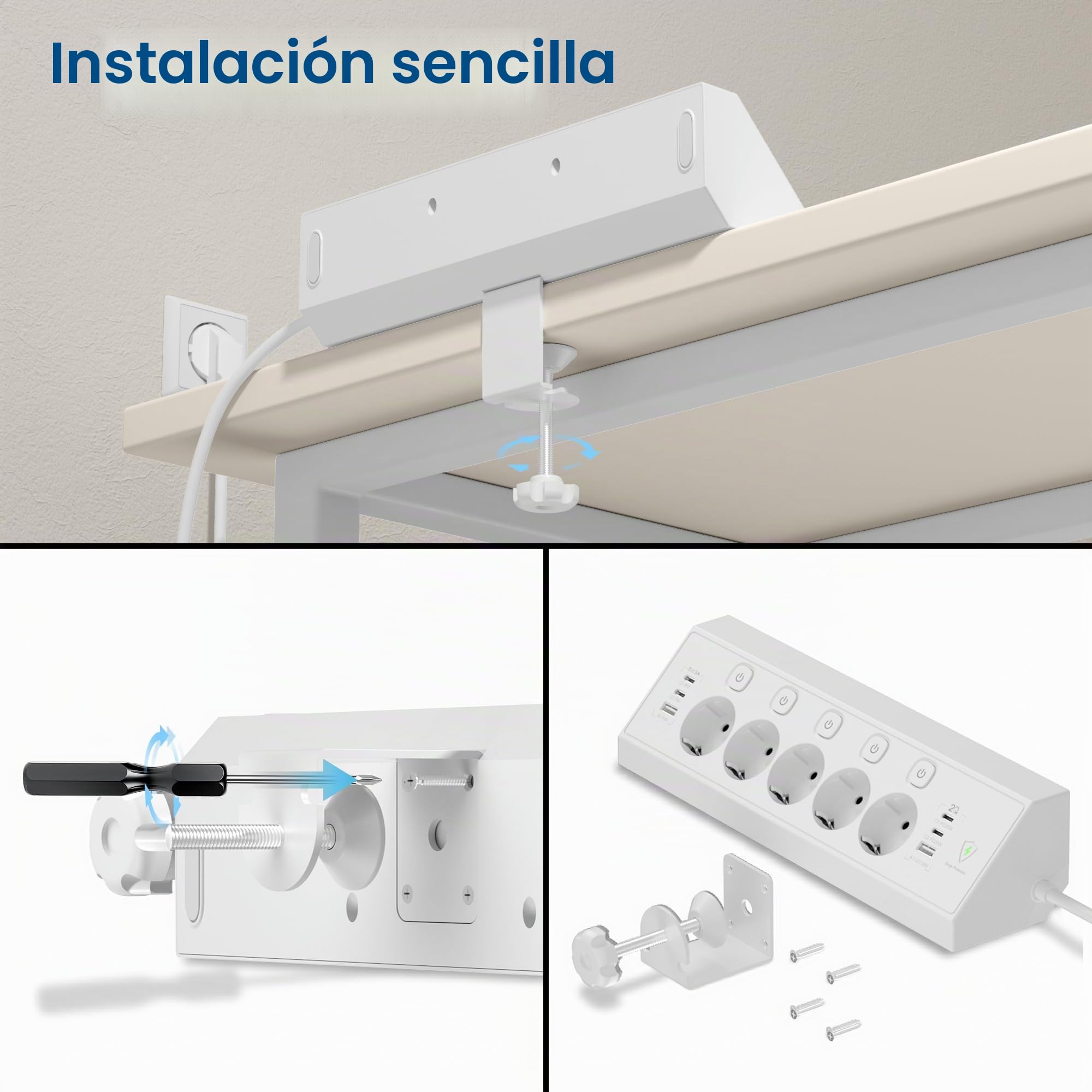 Regleta Enchufes Proteccion Sobretension, Toma de Mesa con USB C 20W, Regleta Escritorio 5 Tomas con Interruptores Individuales, Enchufes Multiple para Cocina Oficina, 1.8M Cable, Blanco