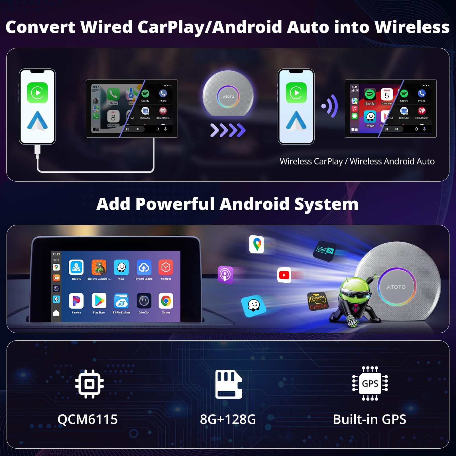 CB6 CarPlay AI Box e Android AI Box, sem fio CarPlay/AndroidAuto