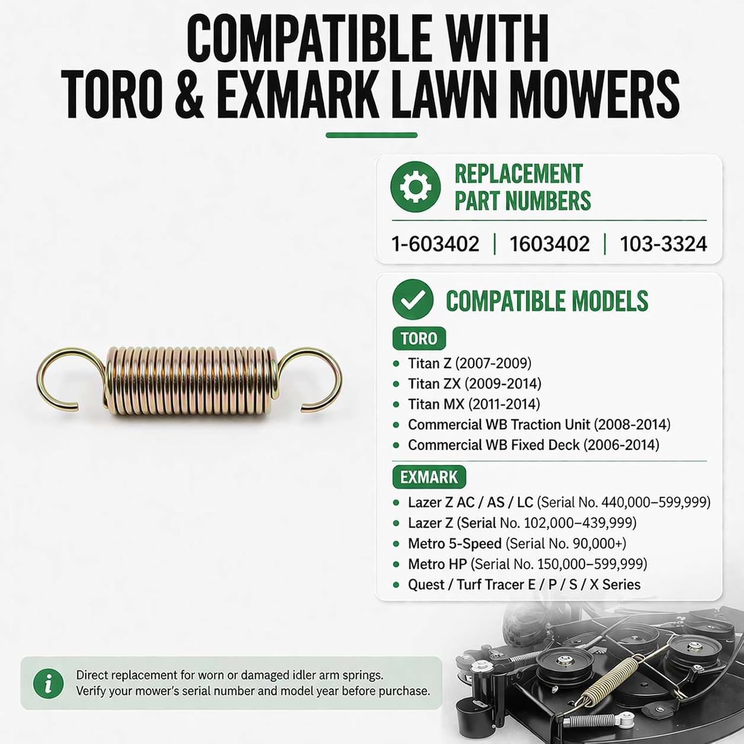 1-603402 Idler Arm Extension Spring 2-Pack for Toro Exmark Lazer Z, MX, ZX Series Lawn Mowers – Replacement for 1603402, 103-3324, Fits Titan Z, ZTX Series