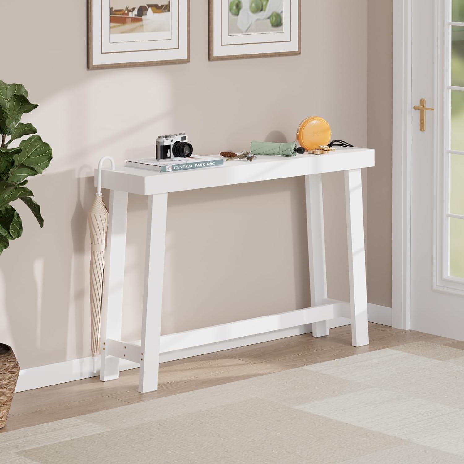 Bamboo Wood Entryway Table 47.2" Console Table, Narrow Sofa Table with Support Beam for Entrance, Hallway, Living Room, Bedroom, Foyer (White)