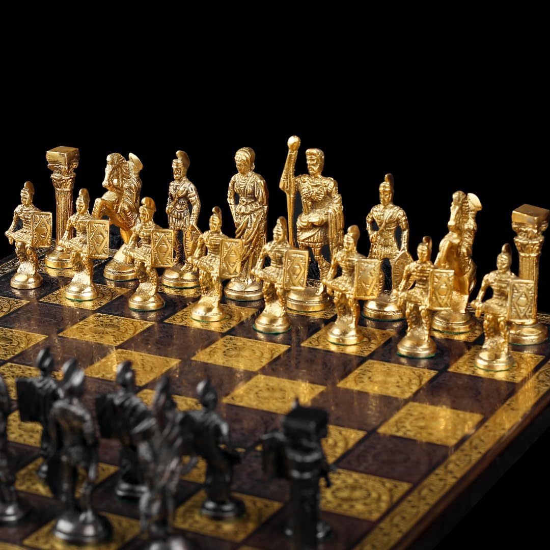 All 100% Pure Brass 'Luxury Chess' Set - (Spartan Edition) | 5.5 Kgs | Hand Etched Thick Brass Board I Evershine Polished | Brilliant Under Warm Light | Luxury Decor | Symbol of Success