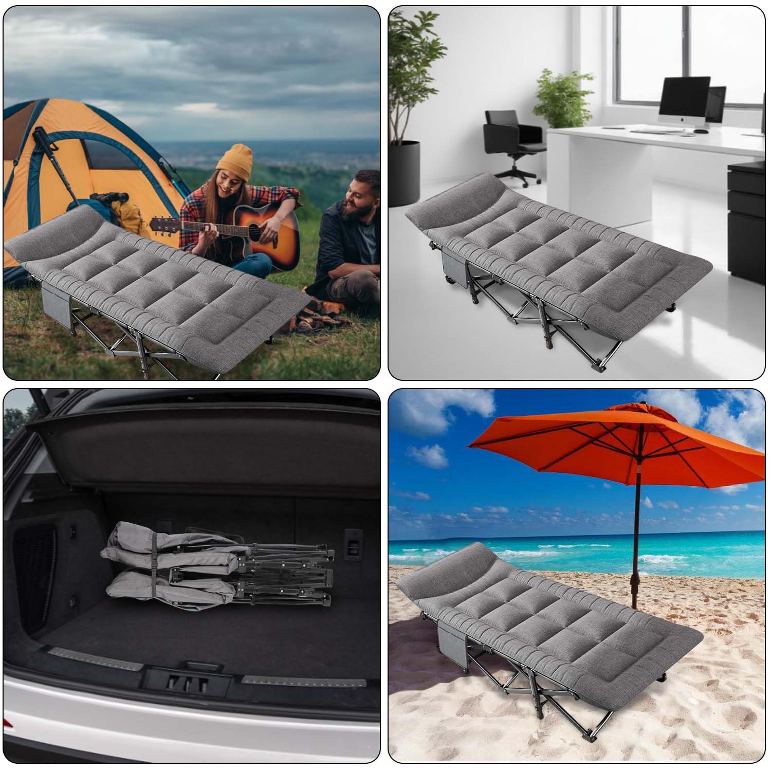 Lit de Camping Pliable avec Oreiller et Poche Latérale, Lit de Camp Rembourré 190 x 65 cm, Cadre en Acier jusqu’à 200 kg, Lit d’Appoint Portable avec Sac de Transport pour Camping, Jardin, Bureau