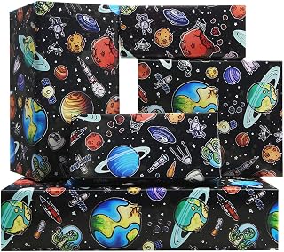 Outer Space Planet Rockets Galaxy Spaceship Earth Solar System Stars Saturn Jupiter Mars Black Universe Wrapping Paper Sheets For Birthday Kids Boys Space Lover - (28"x20" Per Sheet, Foled Flat 4-Sheets, 1-Designs: 15 sq. ft. ttl)
