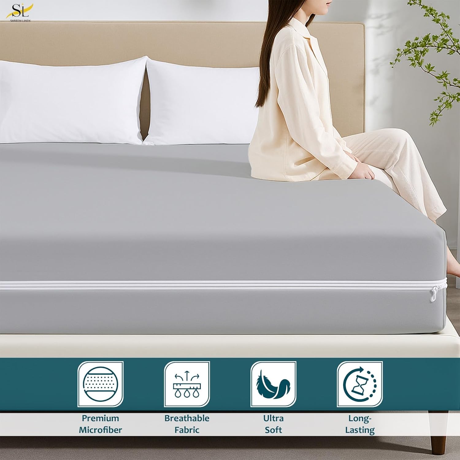 Mattress Protector Crib Size 100% Waterproof Zippered Cover, 6 Inches Deep, Six-Sided Mattress Encasement for Bed, Zipper Closure Style (Light Grey)