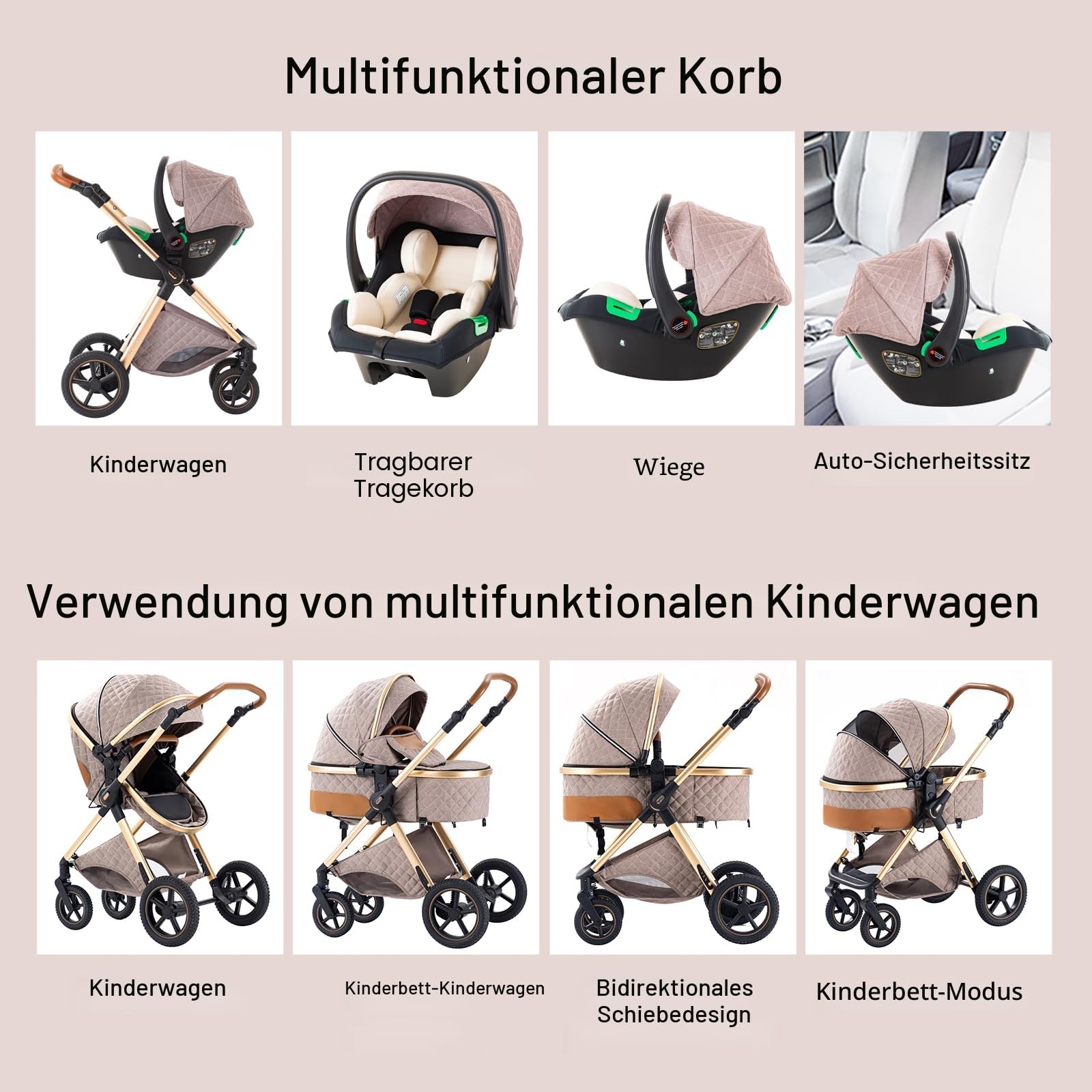 BEBBY Kinderwagen 3 in 1,Kinderwagen Buggy Mit Babyschale,Mit Höhenverstellbarer buggy Komplettset Faltbare tragbare,Buggys Mit Aluminiumrahmen für Neugeborene 0 bis 3 Jahre (Pink-6, H2)
