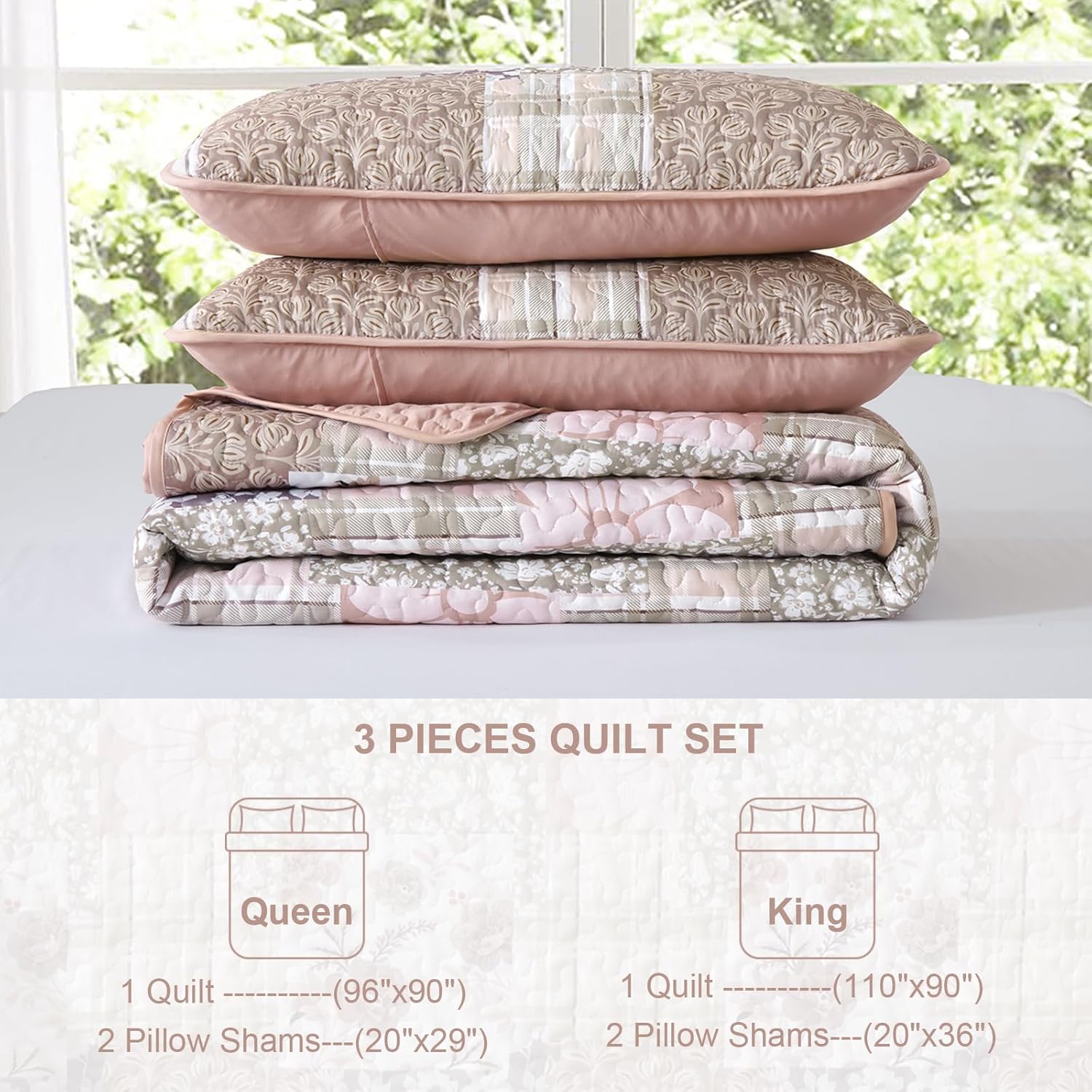 Dinjoy Patchwork Quilt Set King Size,Reversible Brown Floral Plaid Patchwork Summer Bedspread Coverlet Set, 3 Pieces Soft Microfiber Reversible Lightweight Bed Cover for All Season (110"x90")