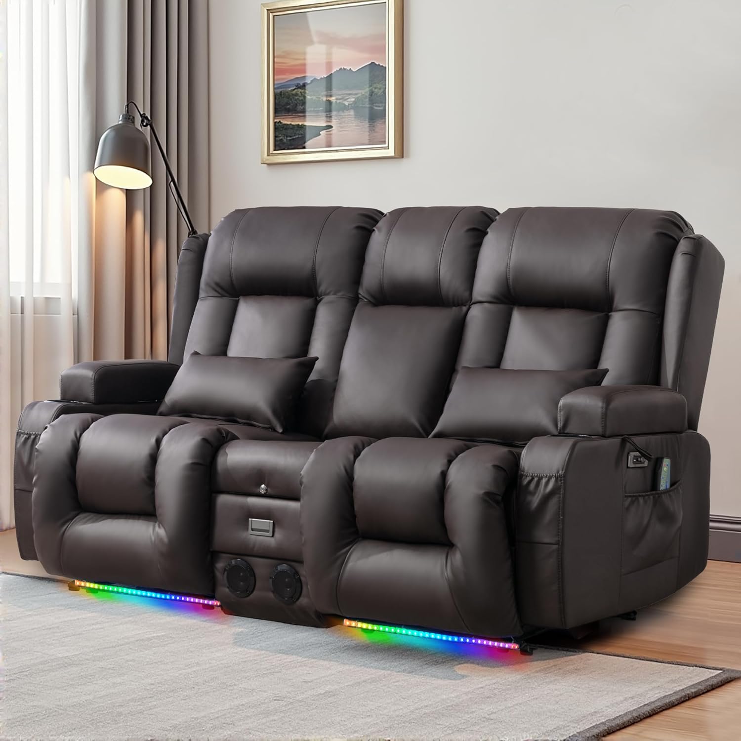 URRED Power Reclining Loveseat Sofa with Console, RV Couch Loveseat Recliner Sofa with Massage & Heat, LED Light, Cupholders, Bluetooth Speakers, USB Charge Ports, Outlets, Faux Leather, Dark Brown