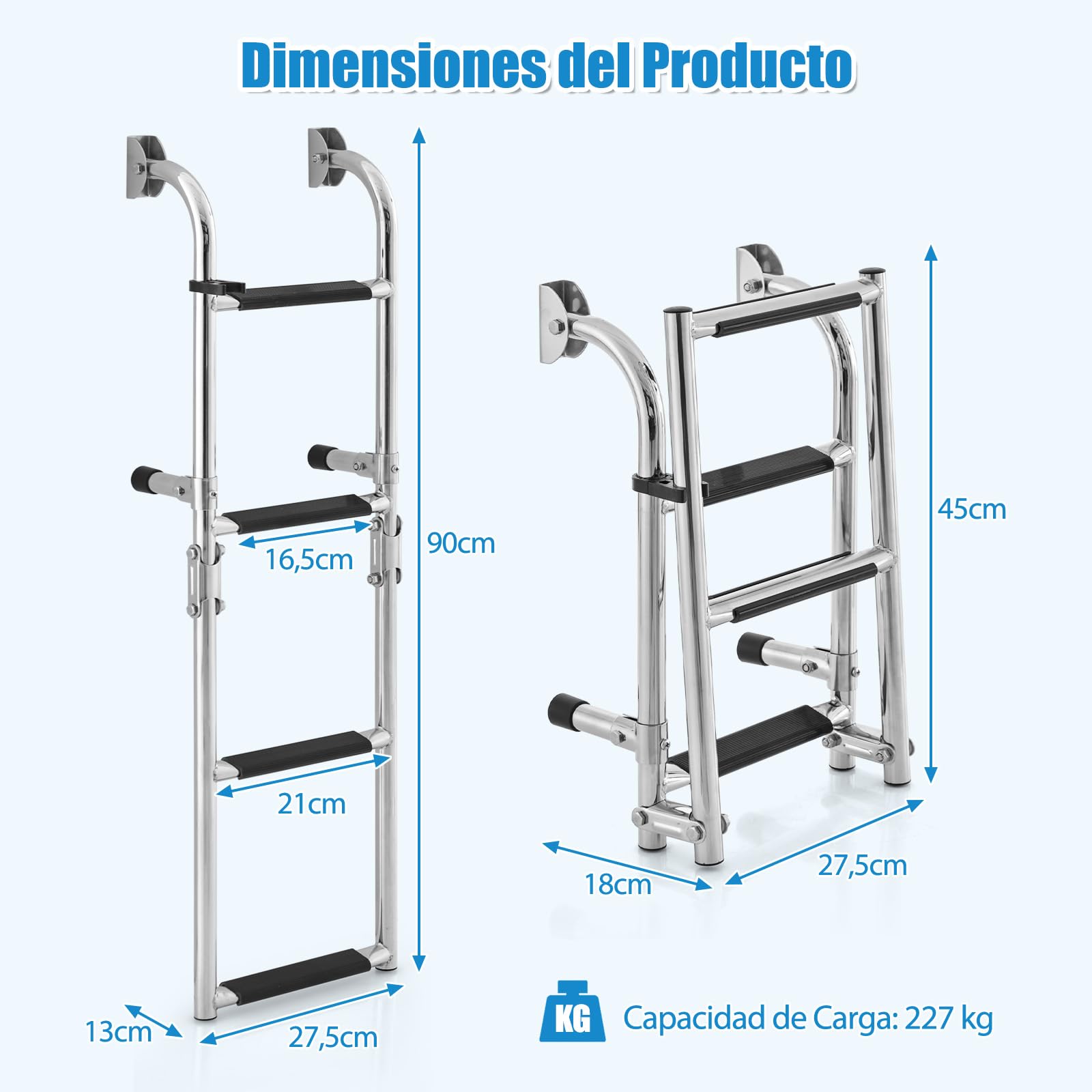 RELAX4LIFE Escalera de Barco Plegable de Acero Inoxidable con 4 Peldaños, Escalera de Piscina con Peldaños Antideslizantes de PVC para Barco, Piscina y Puerto, Carga 200 kg (Modelo 1)