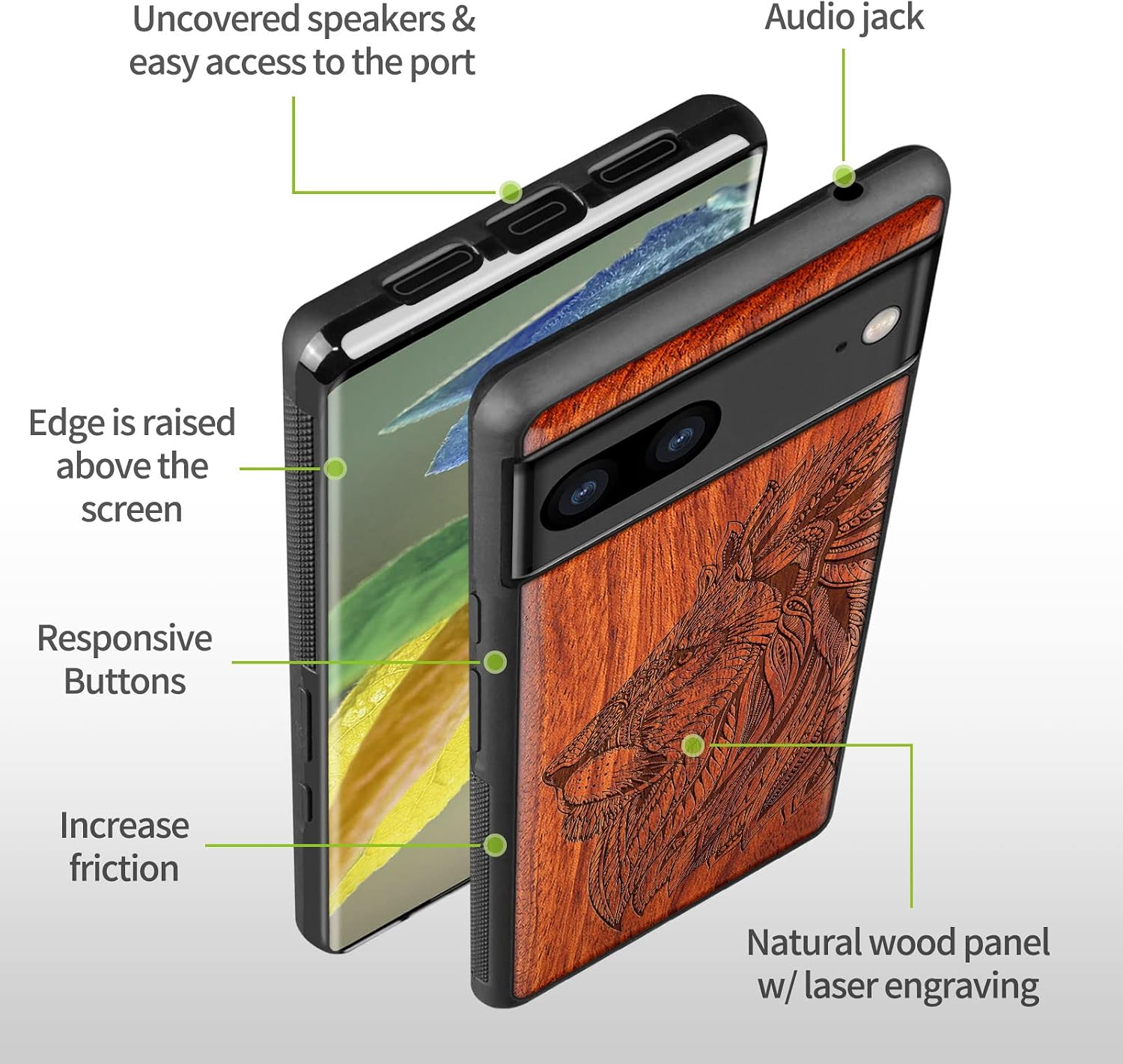 Carveit Wood Case for Pixel 8 Case [Natural Wood & Black Soft TPU] Shockproof Protective Cover Unique Wooden Design Compatible with Google Pixel 8 (Ornate Lion's Head-Rosy)