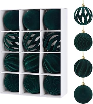 12Pcs 2.36in Velvet Christmas Tree Balls Ornaments Plastic Flocked Shatterproof Handmade Hanging Decoration Plush Balls Sets for Christmas Green