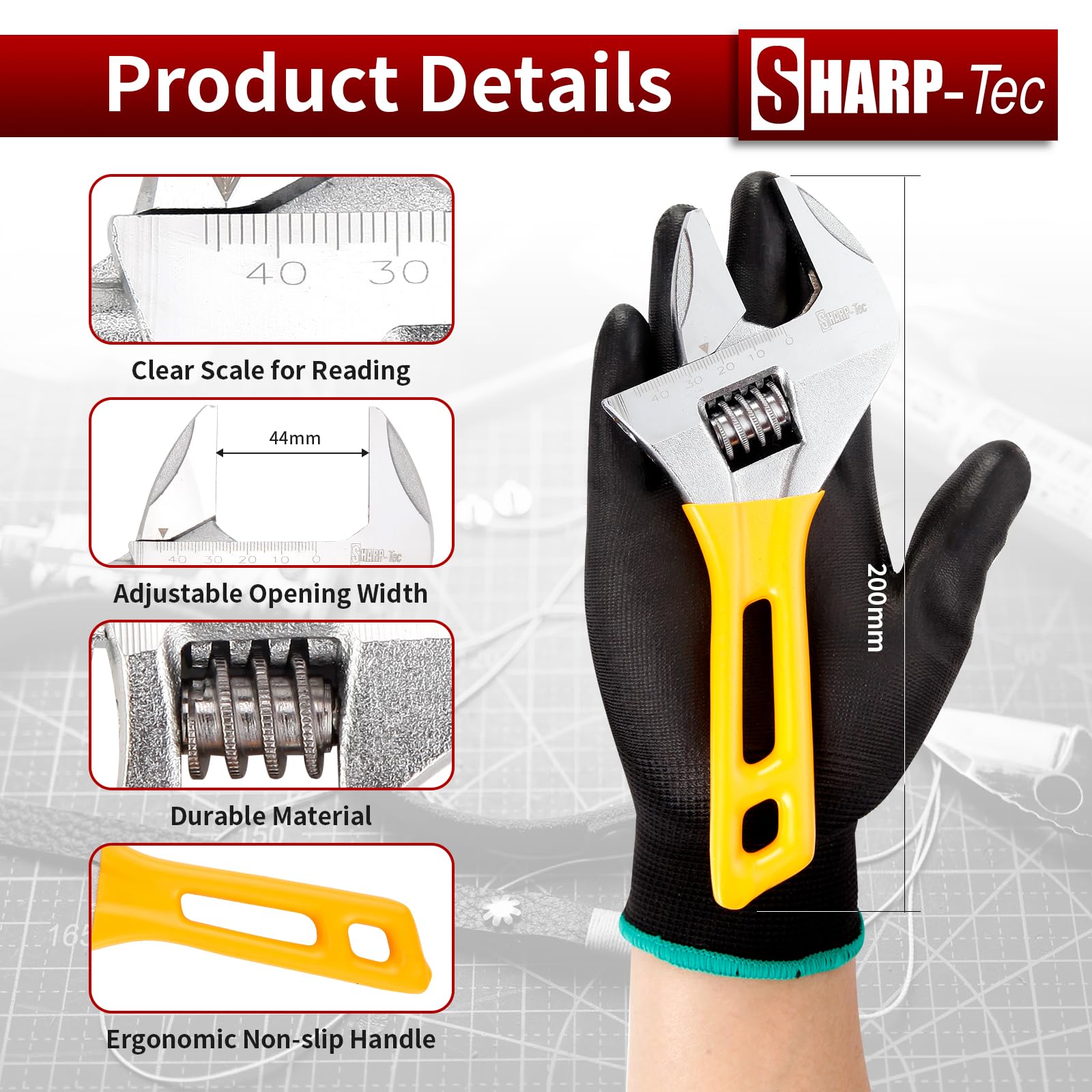 Sharp-tec Adjustable Spanner 8-inch/200mm, Stubby Slim Thin Plumbers Wrench - Image 2