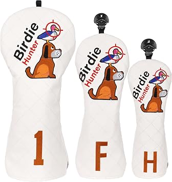 Golf Club Wood Head covers for Driver/Fairway/Hybrid/1FH White PU Leather Birdie Hunter Pattern