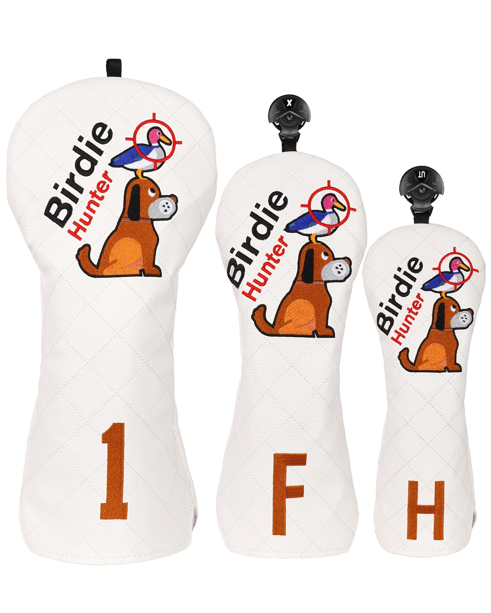 Golf Club Head covers Wood Set 3 PACKS 1FH DR FW UT for Driver Fairway Hybrid with No.Tag Elastic Closure White PU Leather Birdie Hunter Pattern