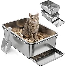 PawHut Stainless Steel Sifting Cat Litter Box for Pine Pellets & Big Cats, 23.6" x 15.7" x 7.9" XL Litter Box with Sifting Pan, Leak Free, Low Maintenance, Odor Free, Low Dust, Includes Scooper