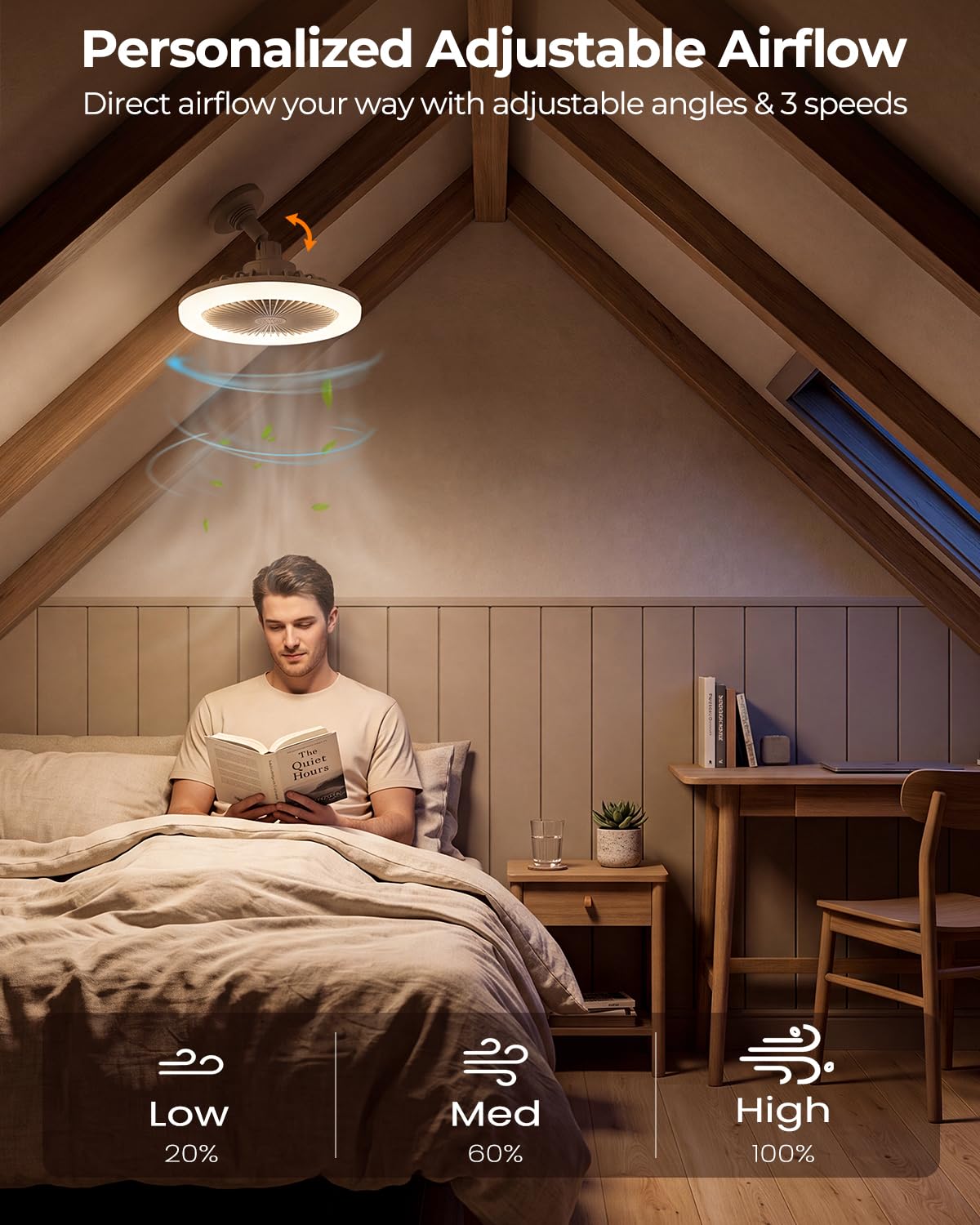 Ventilatore da soffitto con luce E27, 2200LM lampadina ventilatore LED, silenzioso lampadario con ventola piccolo, ventola da soffitto con luce e telecomando, per tetto inclinato, garage, lavanderia