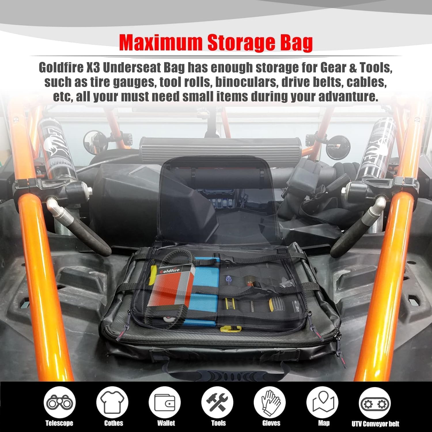 Goldfire Storage Bag Center Under Seat Gear Bag Tool Orangizers Maverick X3 Accessories Bags for Can-Am Maverick X3 2017-2025, (Part#715004277) (Blue Piping)