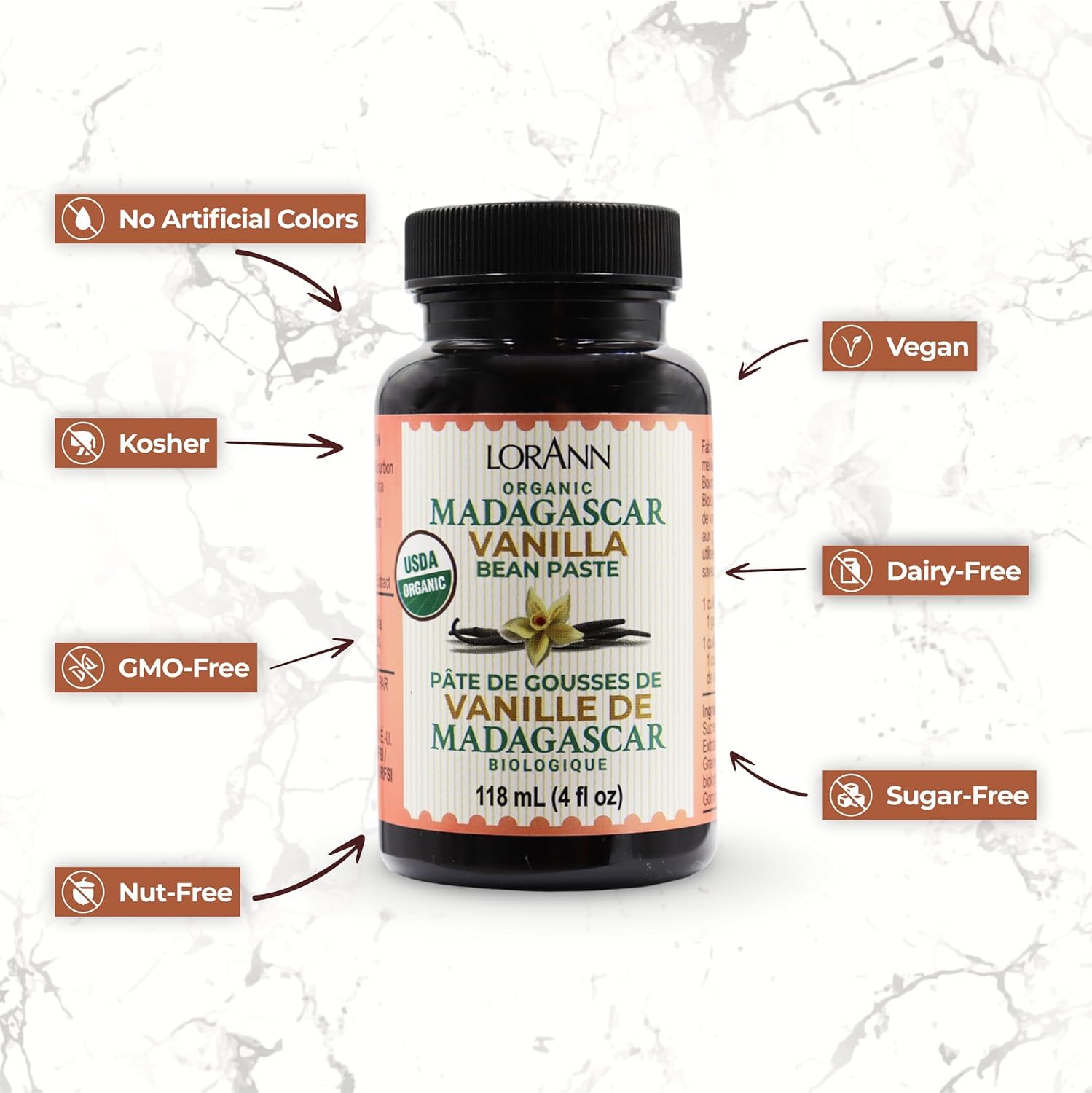 LorAnn Organic Pure Madagascar Vanilla Bean Paste 16oz (473ml) - Rich Flavor, Real Seeds, Ideal for Baking, Desserts, Cooking, Pure Madagascar Bourbon Vanilla, Gluten-Free, Non-GMO