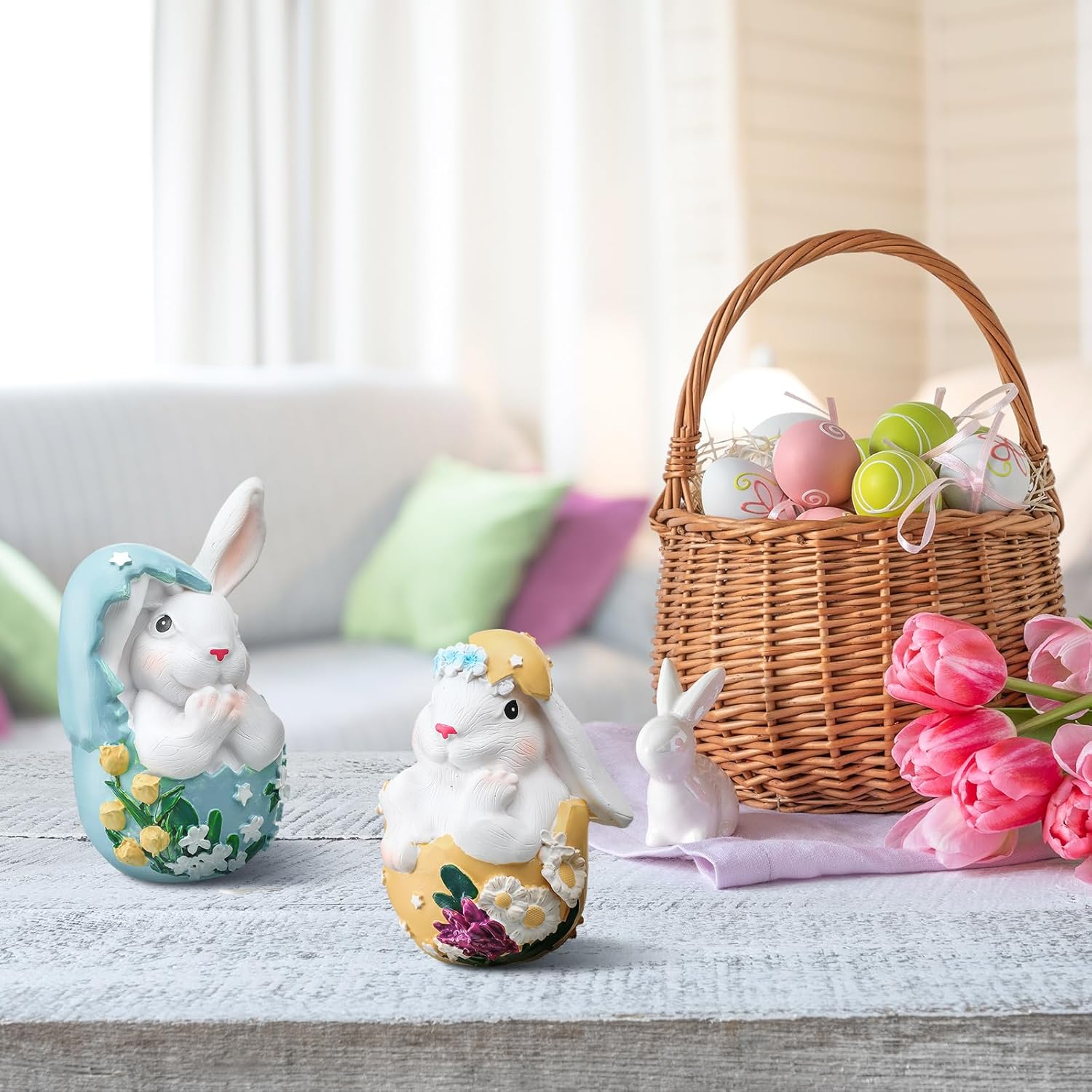 Gerrii 2 Pcs Easter Bunny Decor Rabbit Figurines for Spring Home Decoration Easter Resin Bunny Figurine Statue for Home Table Basket Centerpieces Decorations - Image 5