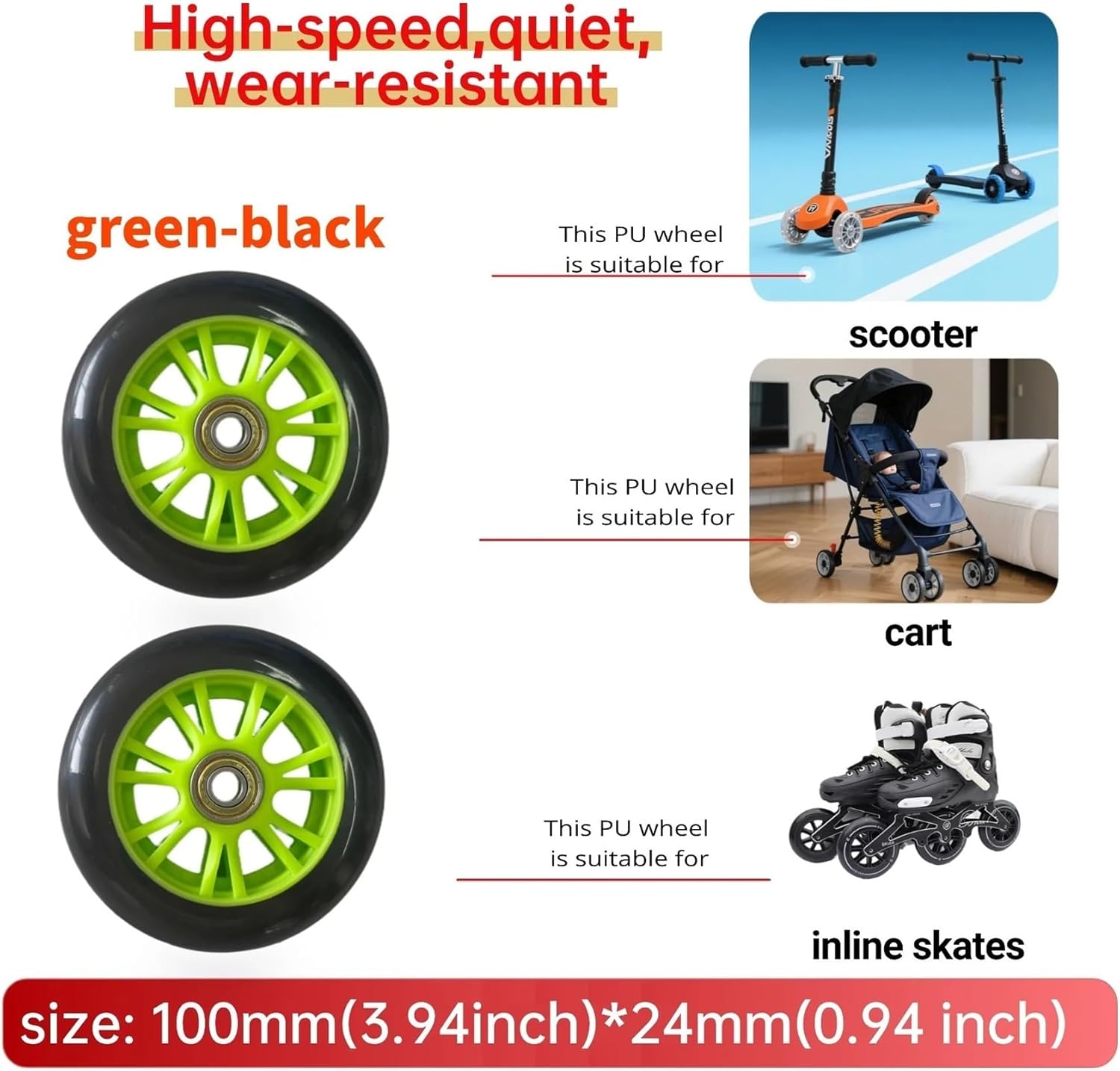 Inline Skate Wheels 2-Pack 100mm (4 Inch) Inline Skate Wheels with ABEC-7 Bearings, PP+PU Replacement Wheels for Scooters, Strollers, Roller Skates(Yellow)