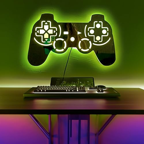 Miniatura 3 de Geek Alerts Letrero de neón para jugadores, control de video gamepad con retroiluminación LED de espejo cambiante de 7 colores, lámpara de pared