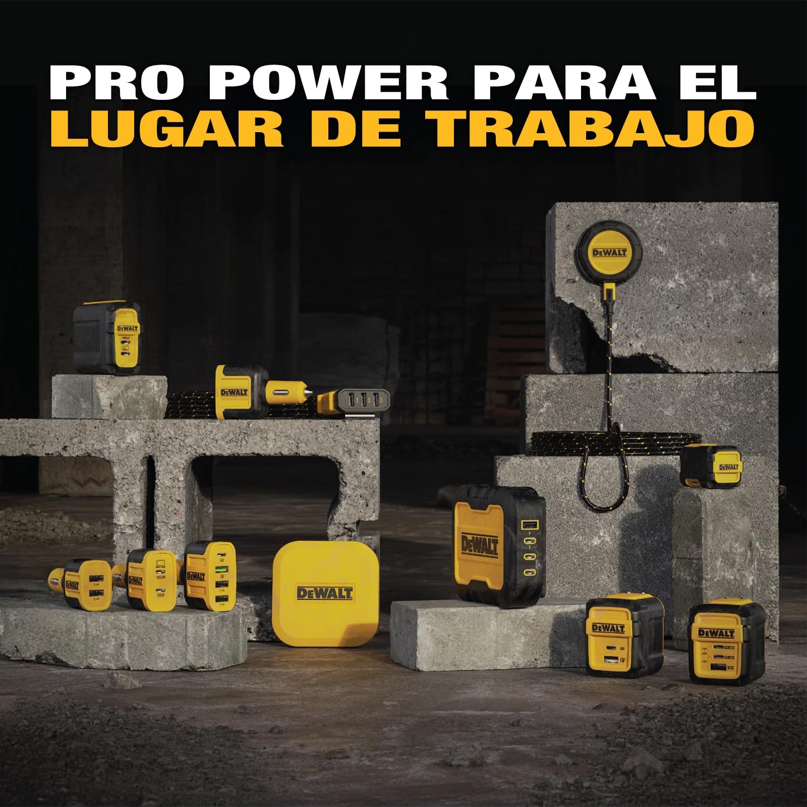DEWALT Cargador USB-C 4 Puertos 100W, Estación de Carga USB-C con Power Sharing Inteligente y Cable 1,8 m, Carga 4 Dispositivos, Compatible con Baterías DEWALT 20V MAX y FLEXVOLT