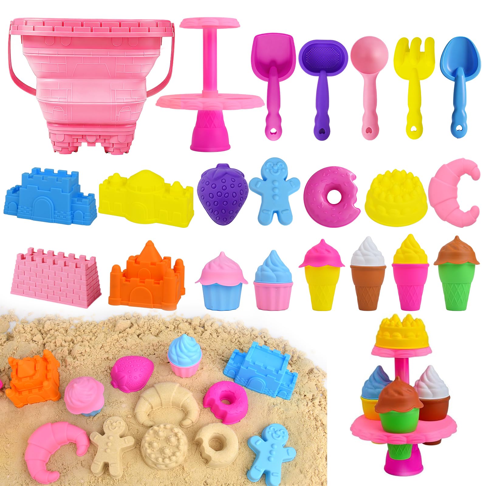Beach Toys for Kids,Ice Cream Dessert Sand Toys 31Pcs Kids Sand Play Set,Dessert Molds with Collapsible Buckets, Sand Castle Building Kit,Shovels and Mesh Bag,Travel Toys for Toddlers Boys Girls