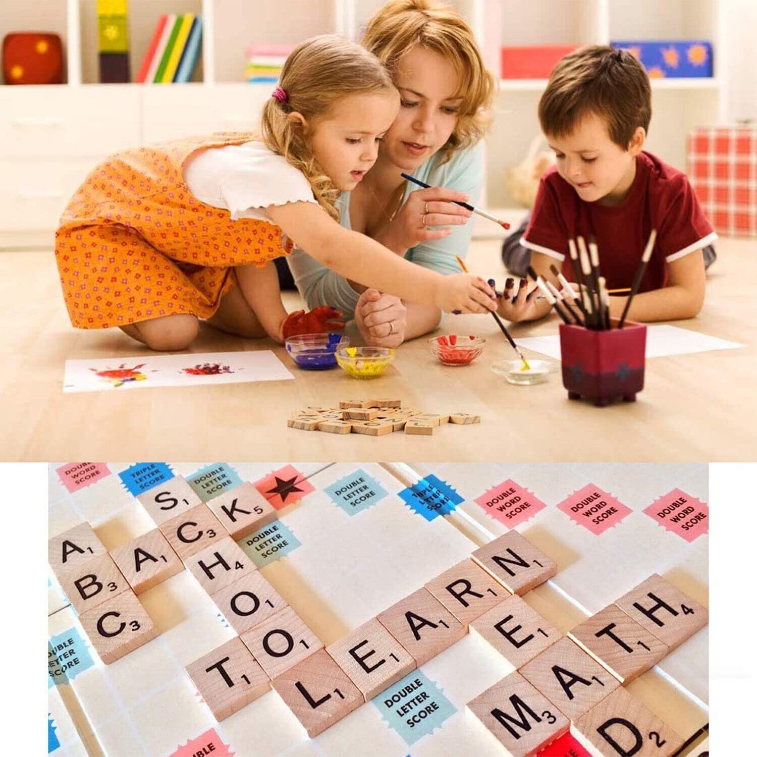 Scrabble Tiles, 100PCS Wood Puzzle Tiles Letters Alphabet Wooden Pieces Numbers Pendants Spelling for Word Scrabble Game Education Games Spelling Crafts, Christmas Wedding Birthday Decoration