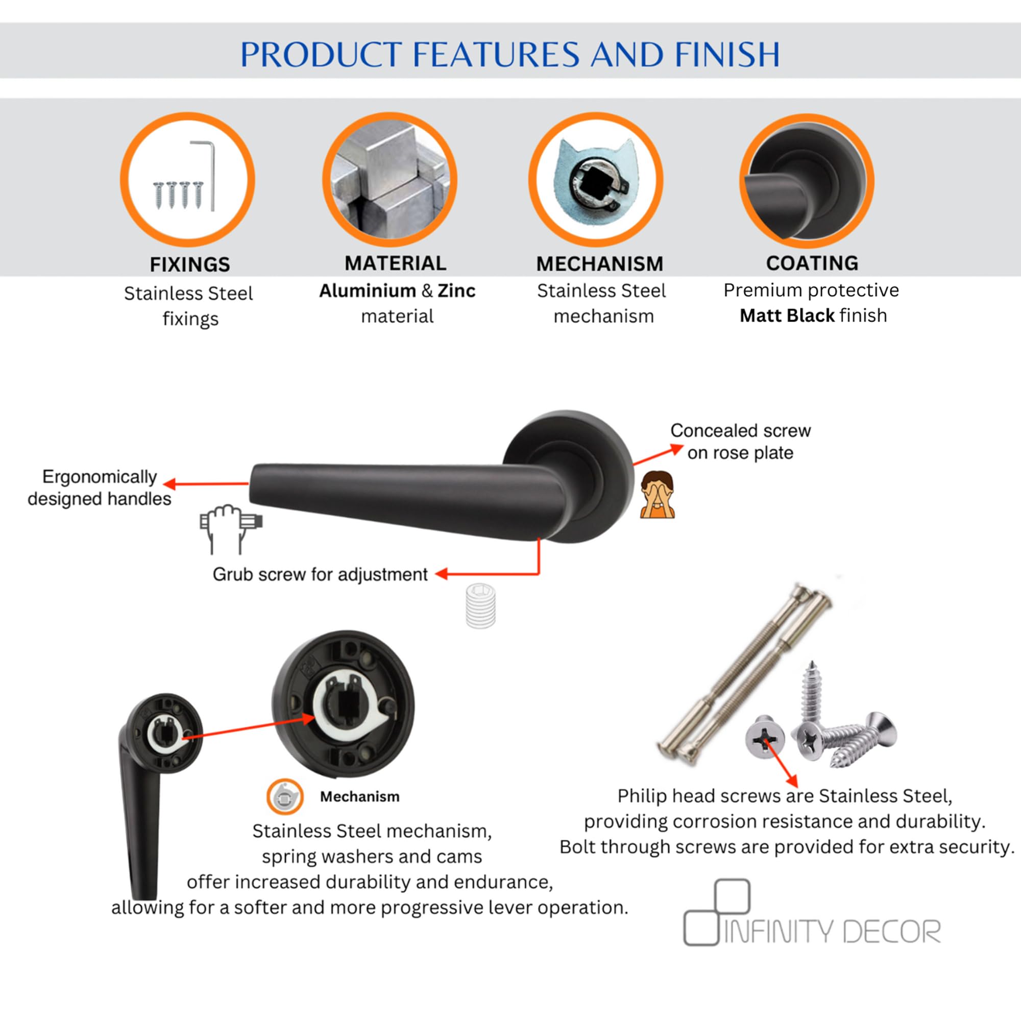 Infinity Decor Matt Black Sprung Lever Latch on Round Rose Door Handles Set Passage Pull Handles - for Interior & Exterior Use - Image 4