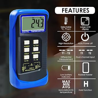 Digital 2 Channels K-Type Thermometer w/ 4 Thermocouples (Wired & Stainless Steel),50~1300°C (-58~2372°F) Handheld Desktop High Temperature Kelvin Scale Dual Measurement Meter Sensor