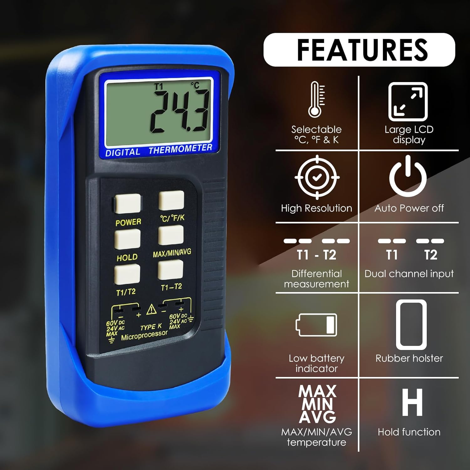 Thermocouple Thermometer Digital K Type Dual Channel Thermometer HVAC Temperature Meter with 4 Thermocouples, MAX/MIN/AVG Temperature Measurement, -50~1300°C (-58~2372°F)