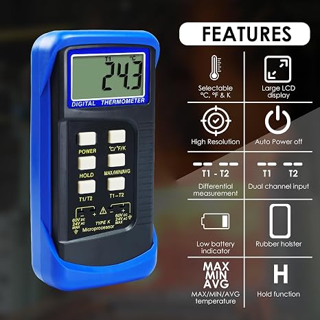 Digital K-Type Thermometer Dual Channel Thermocouple Thermometer with 2 Thermocouples, Measuring Range: -50 to 1300C (-58 to 2372F), High-Temperature Meter Measurement Sensor