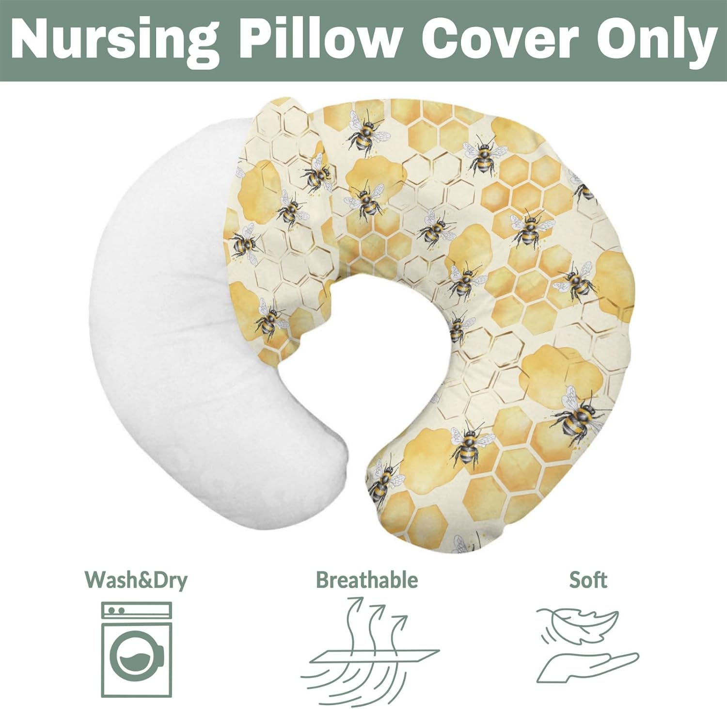 Honeycomb Bees Baby Nursing Pillow Covers for Boy Girl Yellow Bee Honey Nursing Pillow Slipcovers for Breastfeeding Pillows Spring Summer Soft Stretchy Removable Covers for Newborn Infant