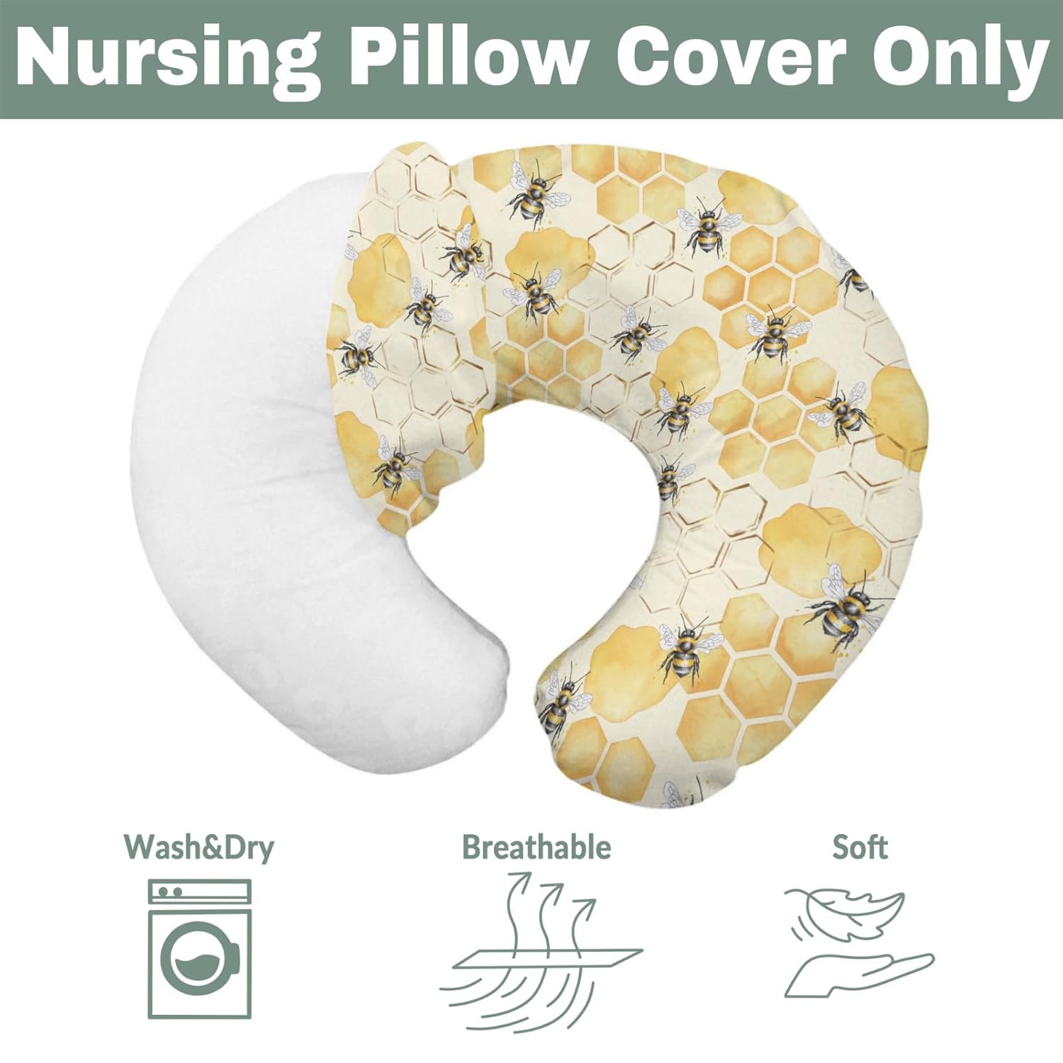 Honeycomb Bees Baby Nursing Pillow Covers for Boy Girl Yellow Bee Honey Nursing Pillow Slipcovers for Breastfeeding Pillows Spring Summer Soft Stretchy Removable Covers for Newborn Infant Honey One size image 7 of 9 B0F6322MG7