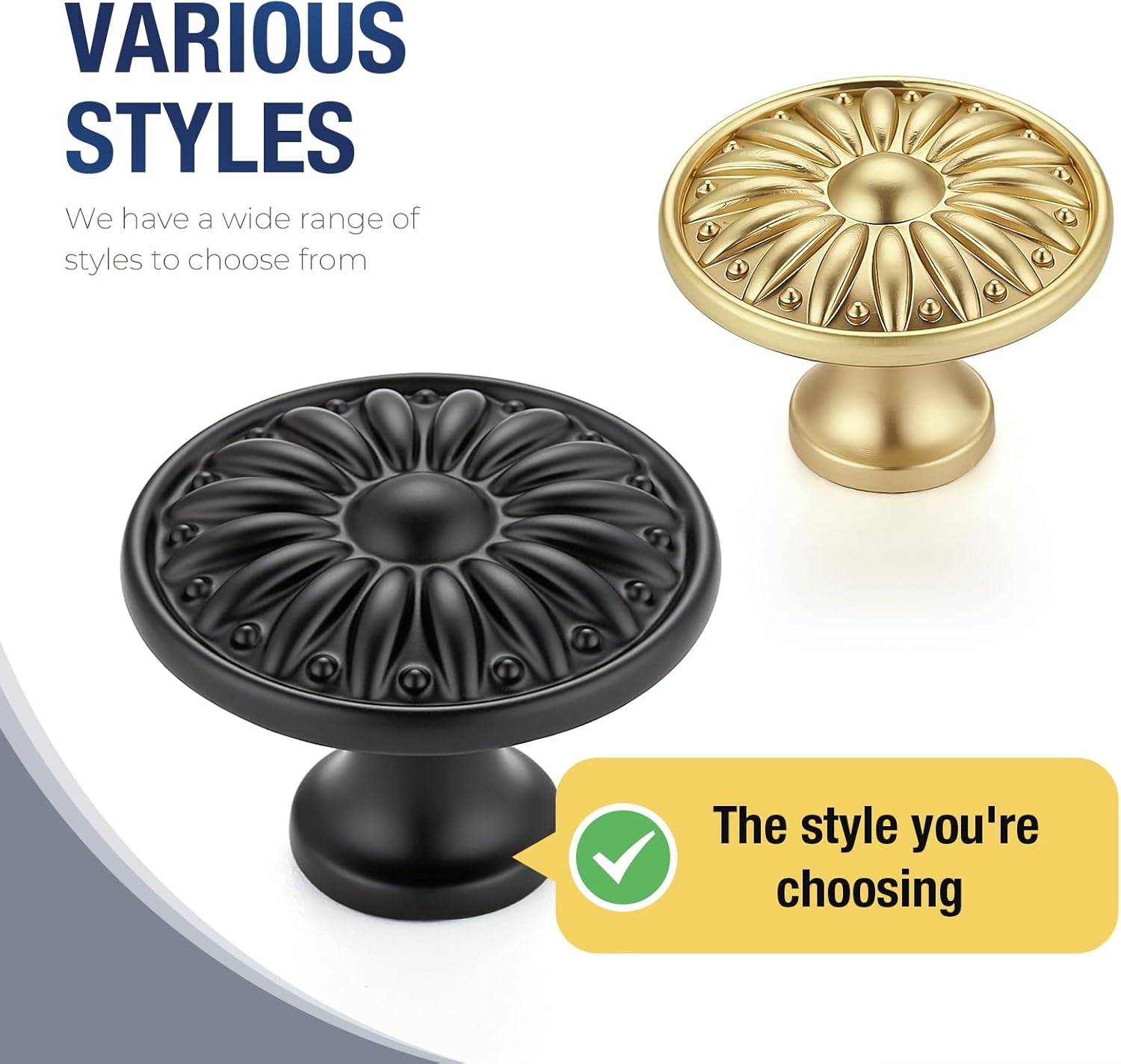 JOY DECOR 10 Pack Kitchen Cabinet Knobs Matte Black, 1-1/4 Inch Diameter, Solid Metal Kitchen Cabinet Pulls Vintage Rosette Sunburst Drawer Knobs, Drawer Pulls for Bathroom vanities and Dresser