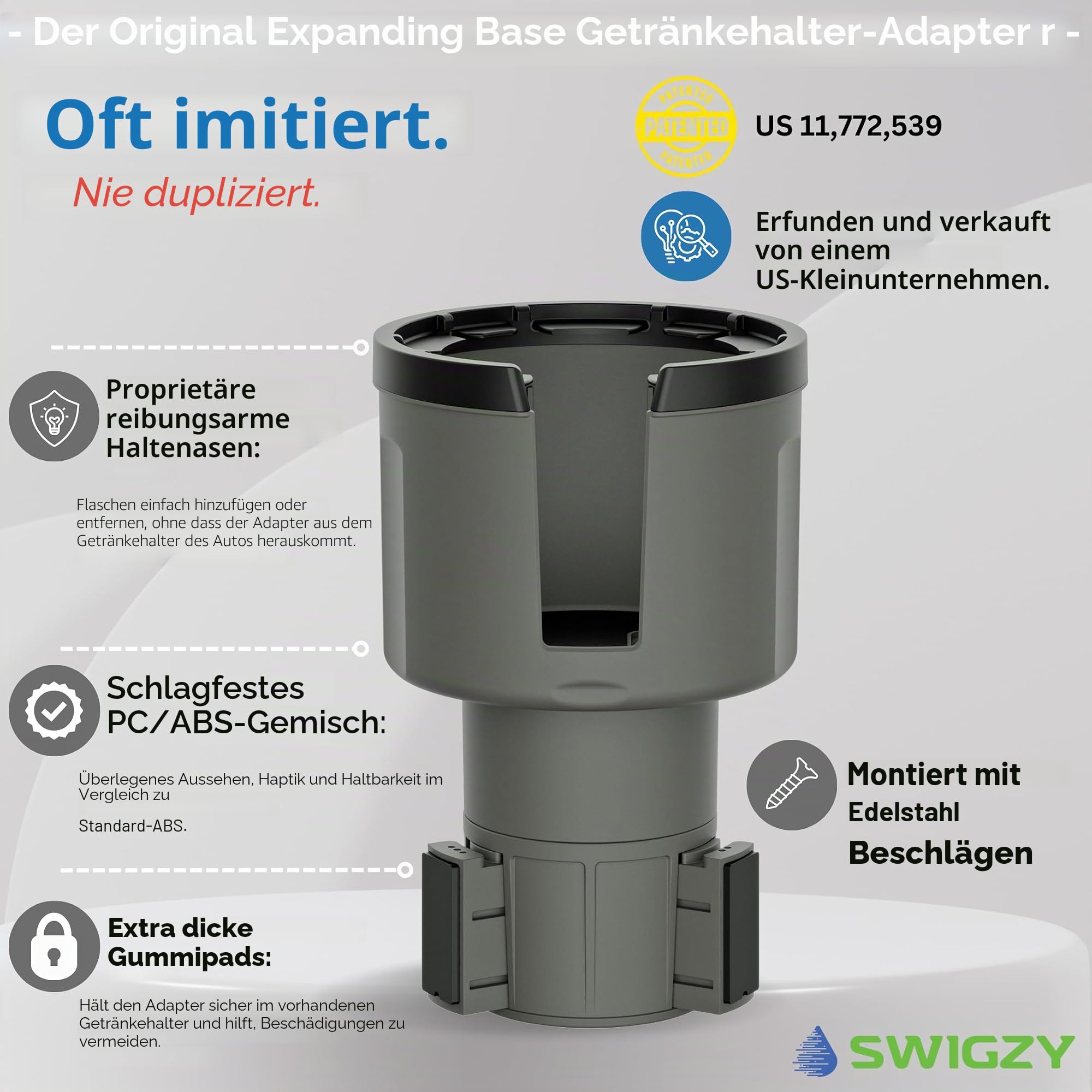 Swigzy Auto-Getränkehalter-Expander-Adapter (verstellbar) – für Hydroflasche, Yeti, Nalgene, große Flaschen und große Getränke – Grau