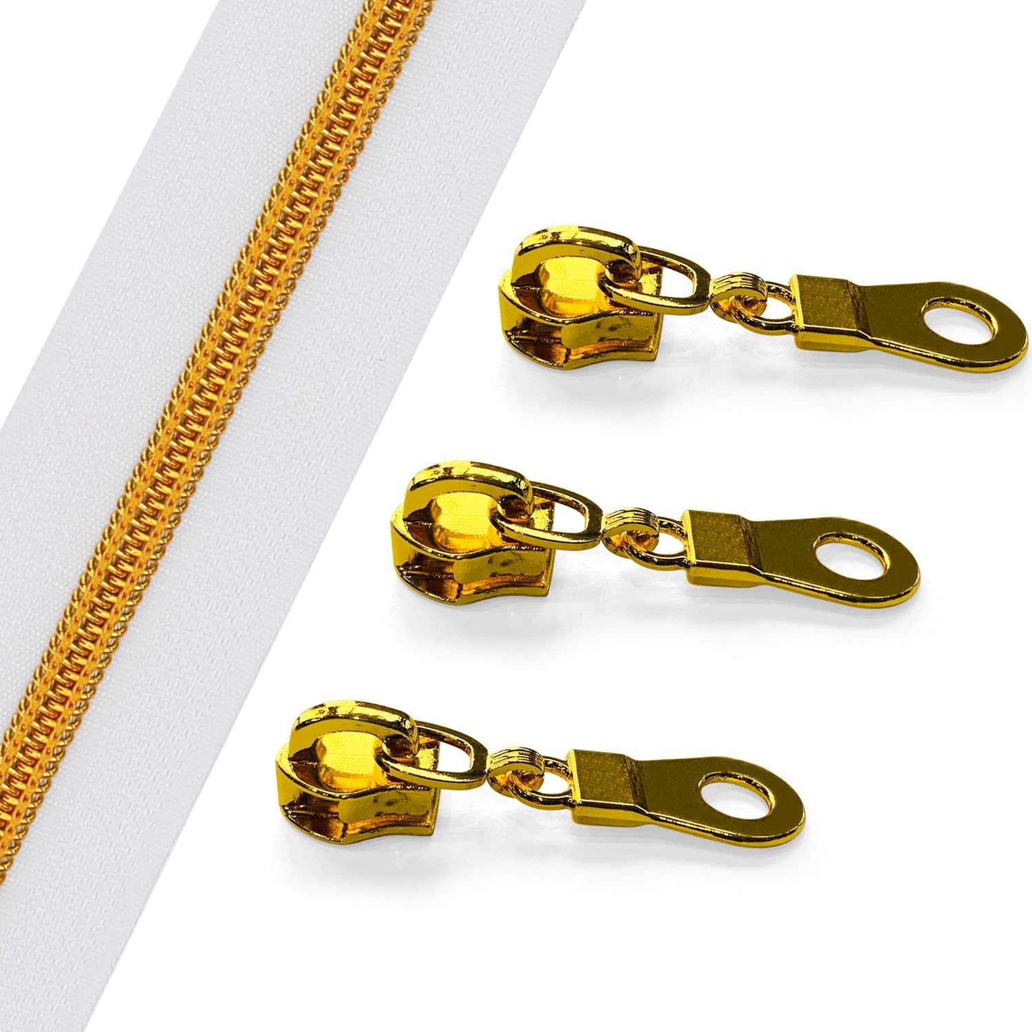 Sawoake 10 Yards Large Zipper #5 Zippers for Sewing White Nylon Spiral Zipper with Gold Teeth Replacement Sewing Zipper with 20 Zipper Sliders for DIY Sewing