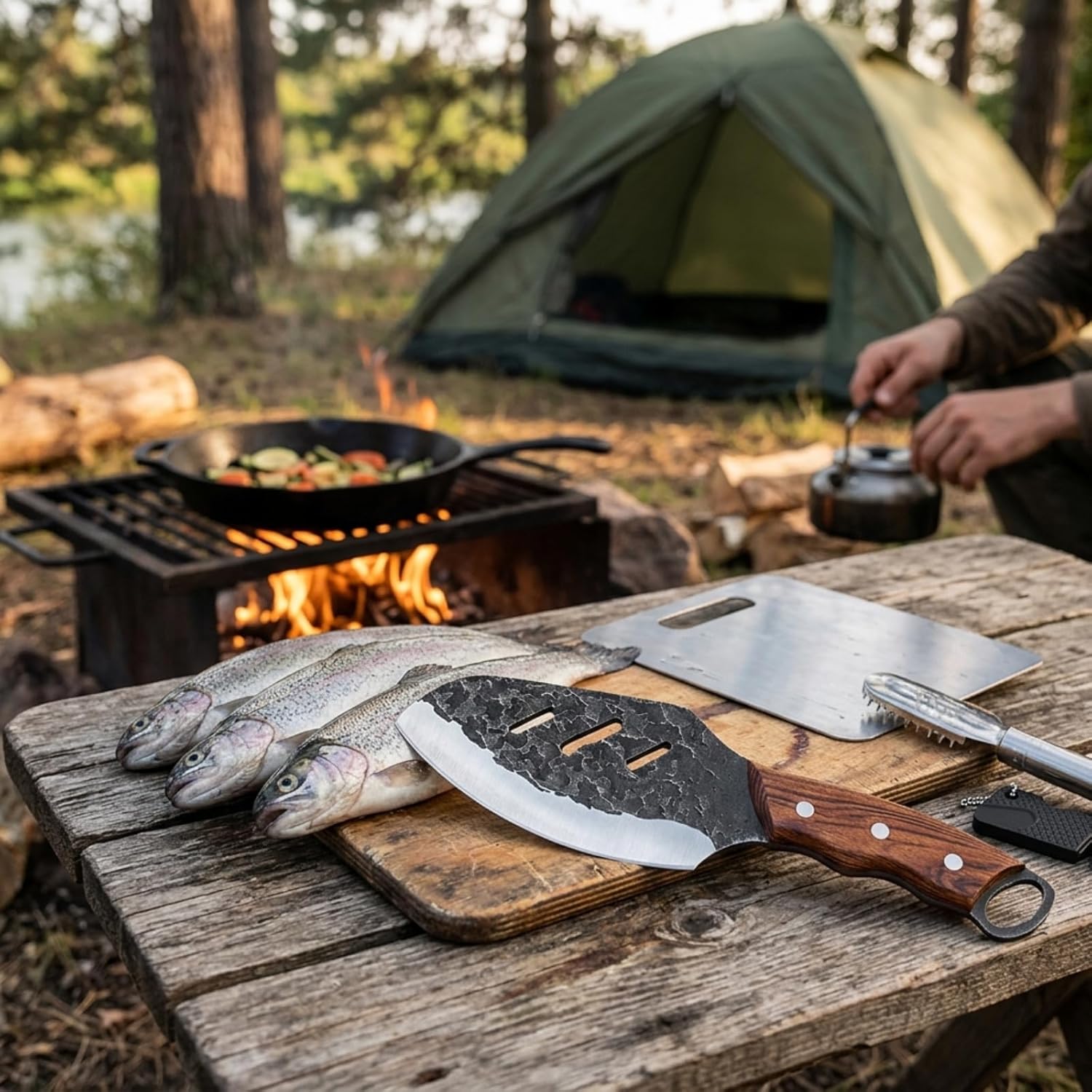 KOFERY Serbian Meat Cleaver, Hand Forged Carbon Steel Knife with Wood Handle, Ultra Sharp Blade for Heavy Duty Kitchen, Bushcraft & BBQ, Gift for Men with Leather Belt Sheath and Sharpener